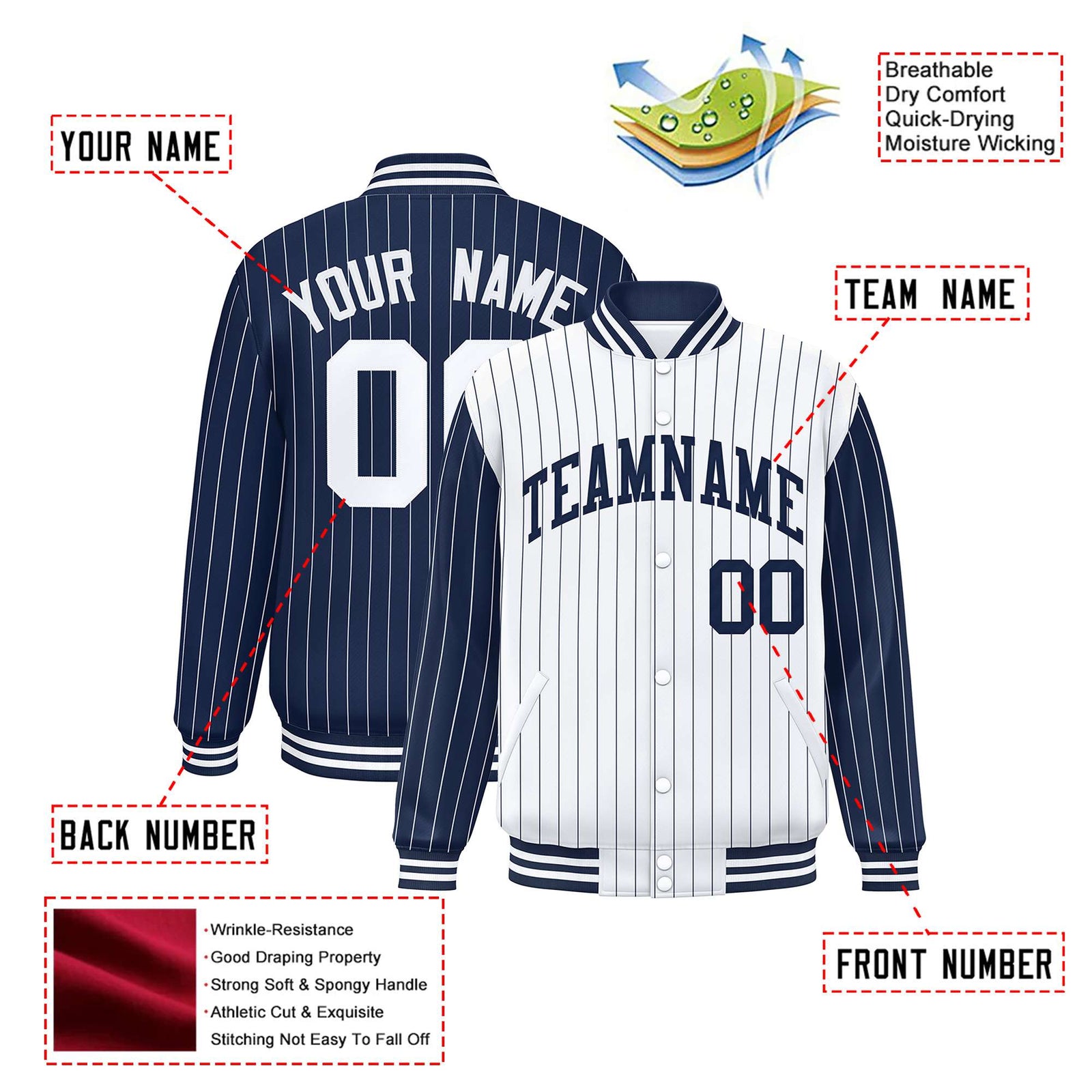 Custom White Navy-White Personalized Stripe Fashion Letterman Bomber Varsity Jacket