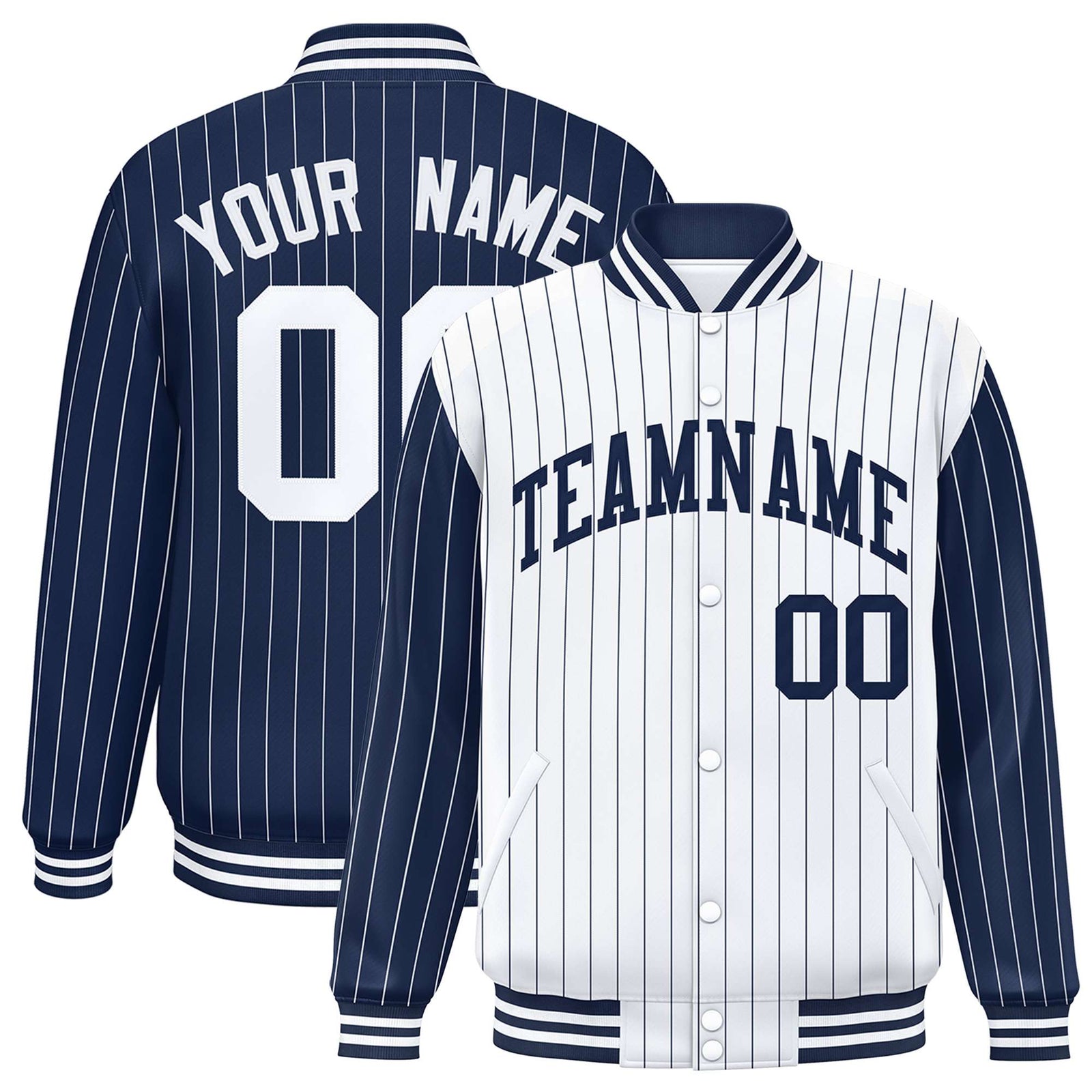 Custom White Navy-White Personalized Stripe Fashion Letterman Bomber Varsity Jacket