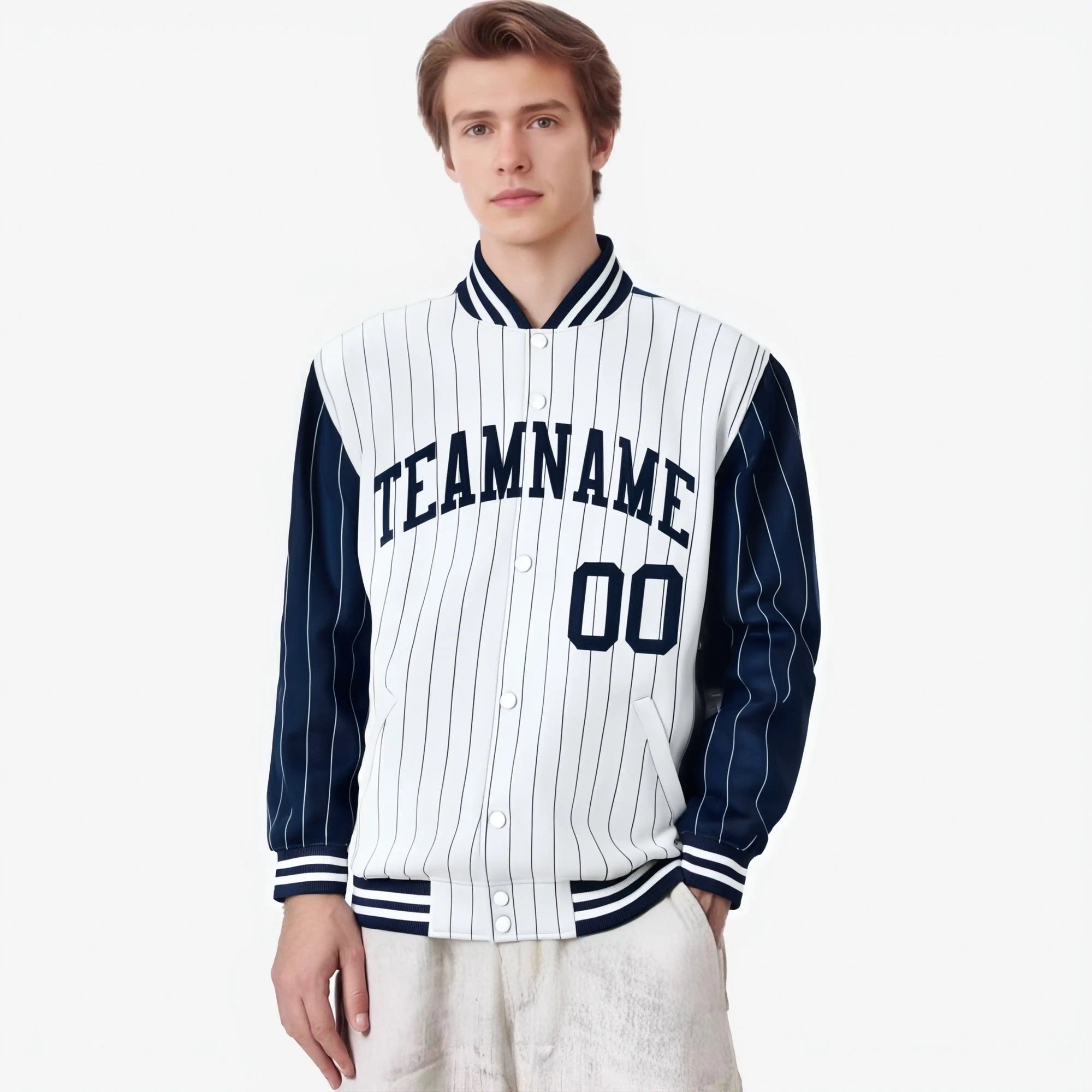 Custom White Navy-White Personalized Stripe Fashion Letterman Bomber Varsity Jacket