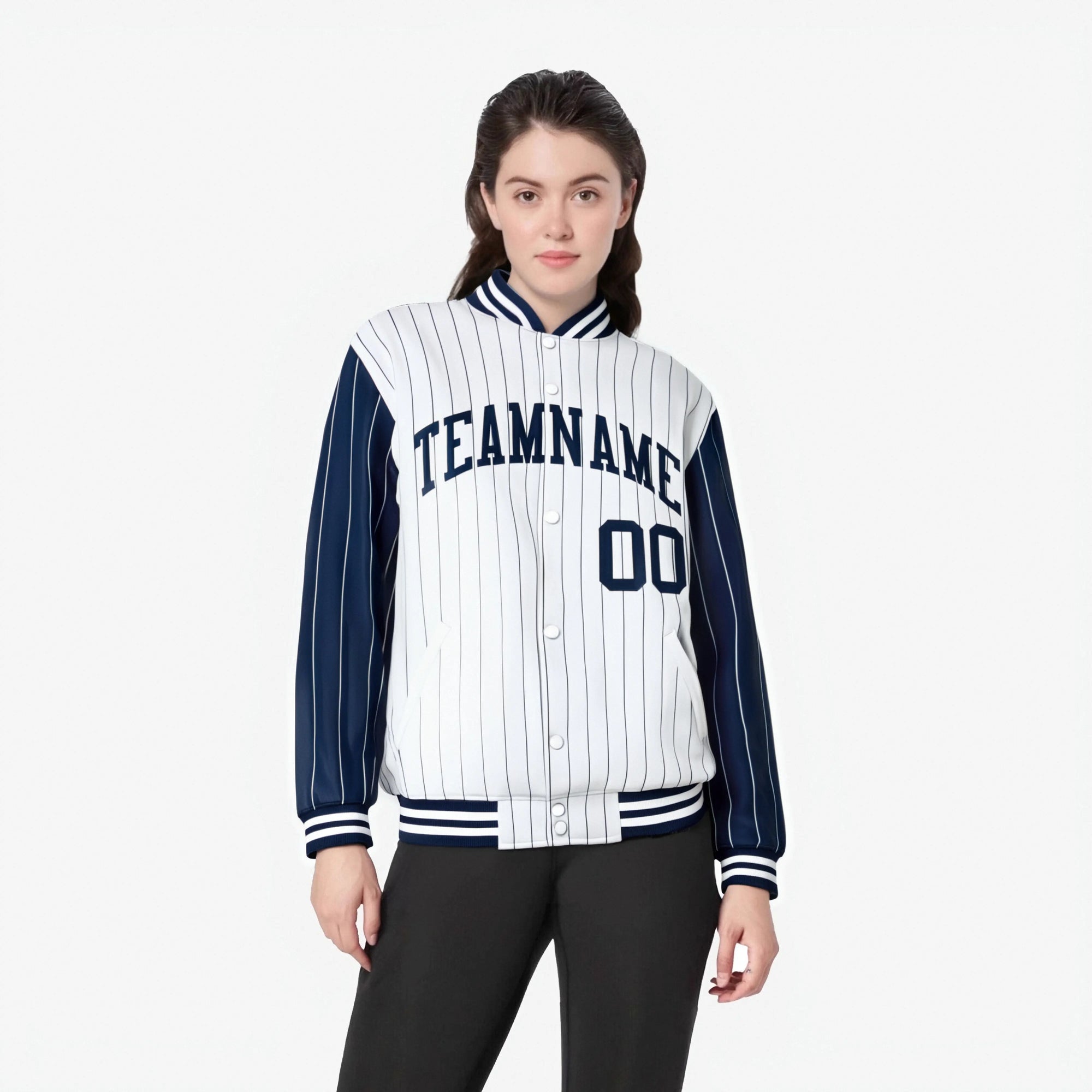 Custom White Navy-White Personalized Stripe Fashion Letterman Bomber Varsity Jacket