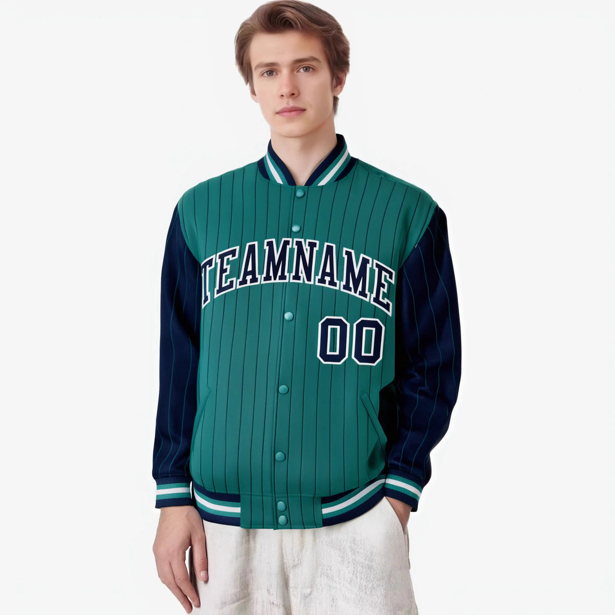 Custom Green Navy-Green Personalized Stripe Fashion Letterman Bomber Varsity Jacket