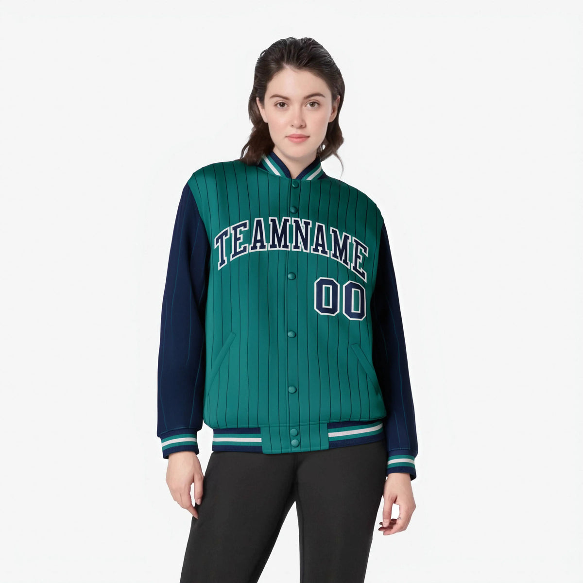 Custom Green Navy-Green Personalized Stripe Fashion Letterman Bomber Varsity Jacket