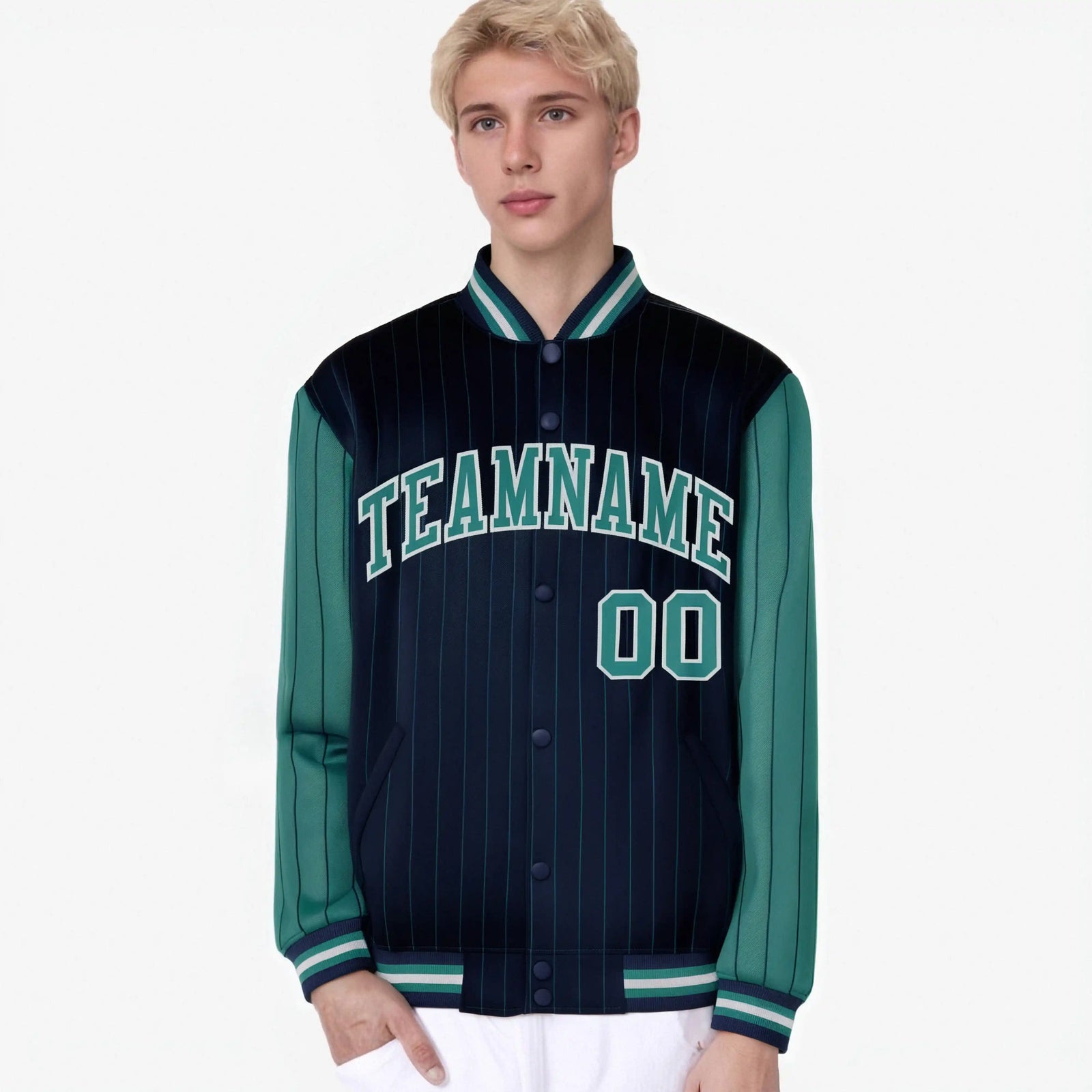 Custom Navy Green-Navy Personalized Stripe Fashion Letterman Bomber Varsity Jacket