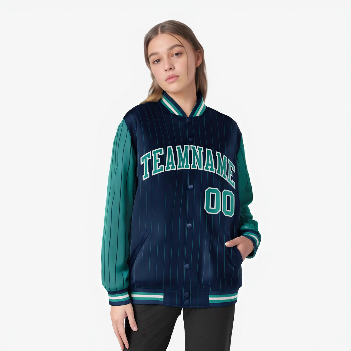 Custom Navy Green-Navy Personalized Stripe Fashion Letterman Bomber Varsity Jacket