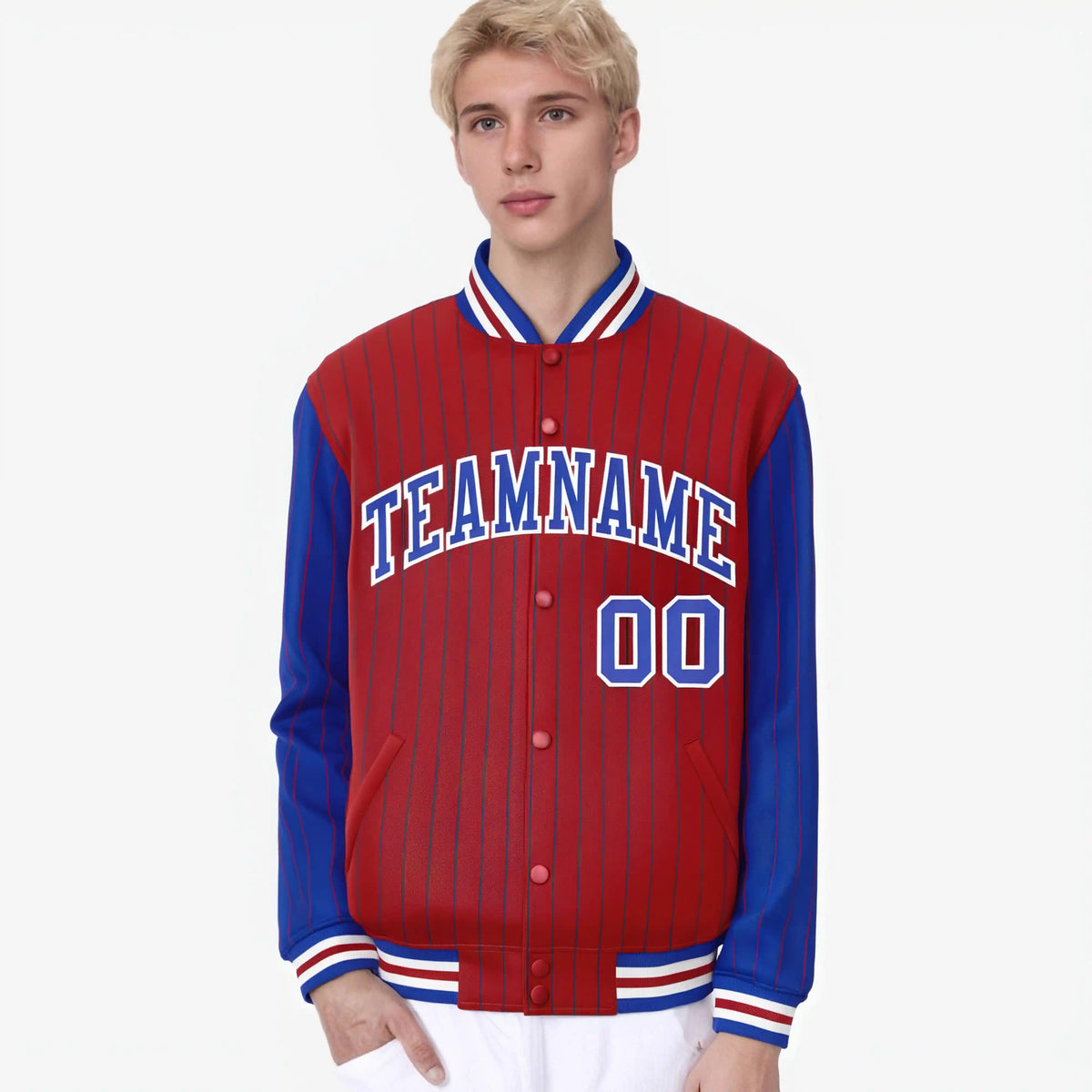 Custom Red Royal Blue-Red Personalized Stripe Fashion Letterman Bomber Varsity Jacket