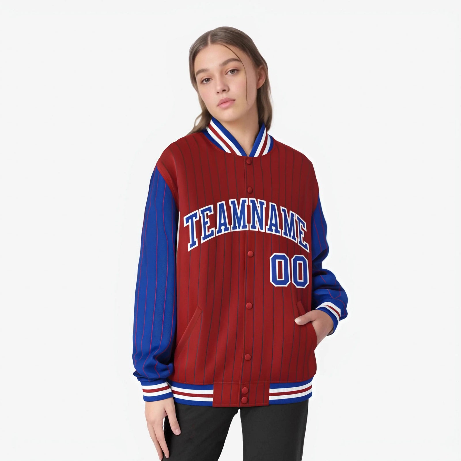 Custom Red Royal Blue-Red Personalized Stripe Fashion Letterman Bomber Varsity Jacket