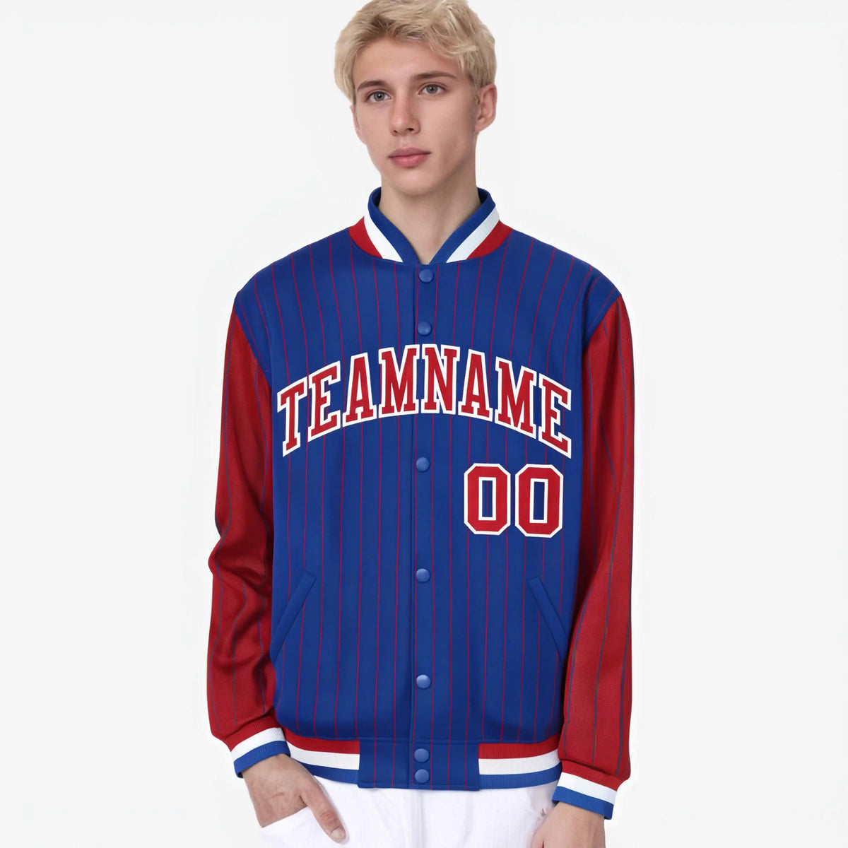 Custom Royal Blue Red-Royal Blue Personalized Stripe Fashion Letterman Bomber Varsity Jacket