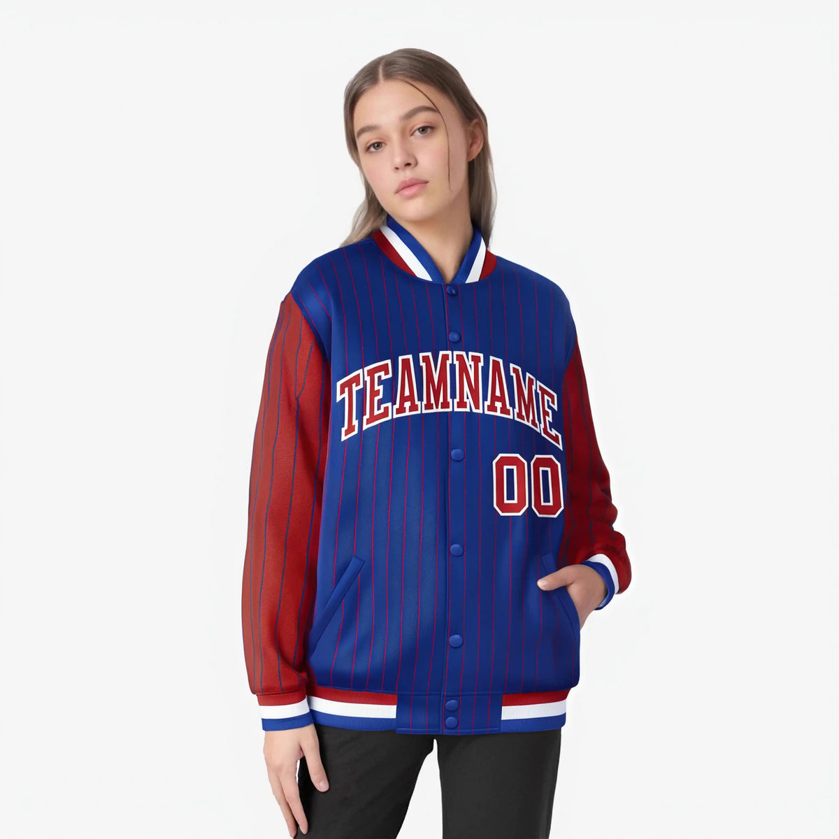 Custom Royal Blue Red-Royal Blue Personalized Stripe Fashion Letterman Bomber Varsity Jacket