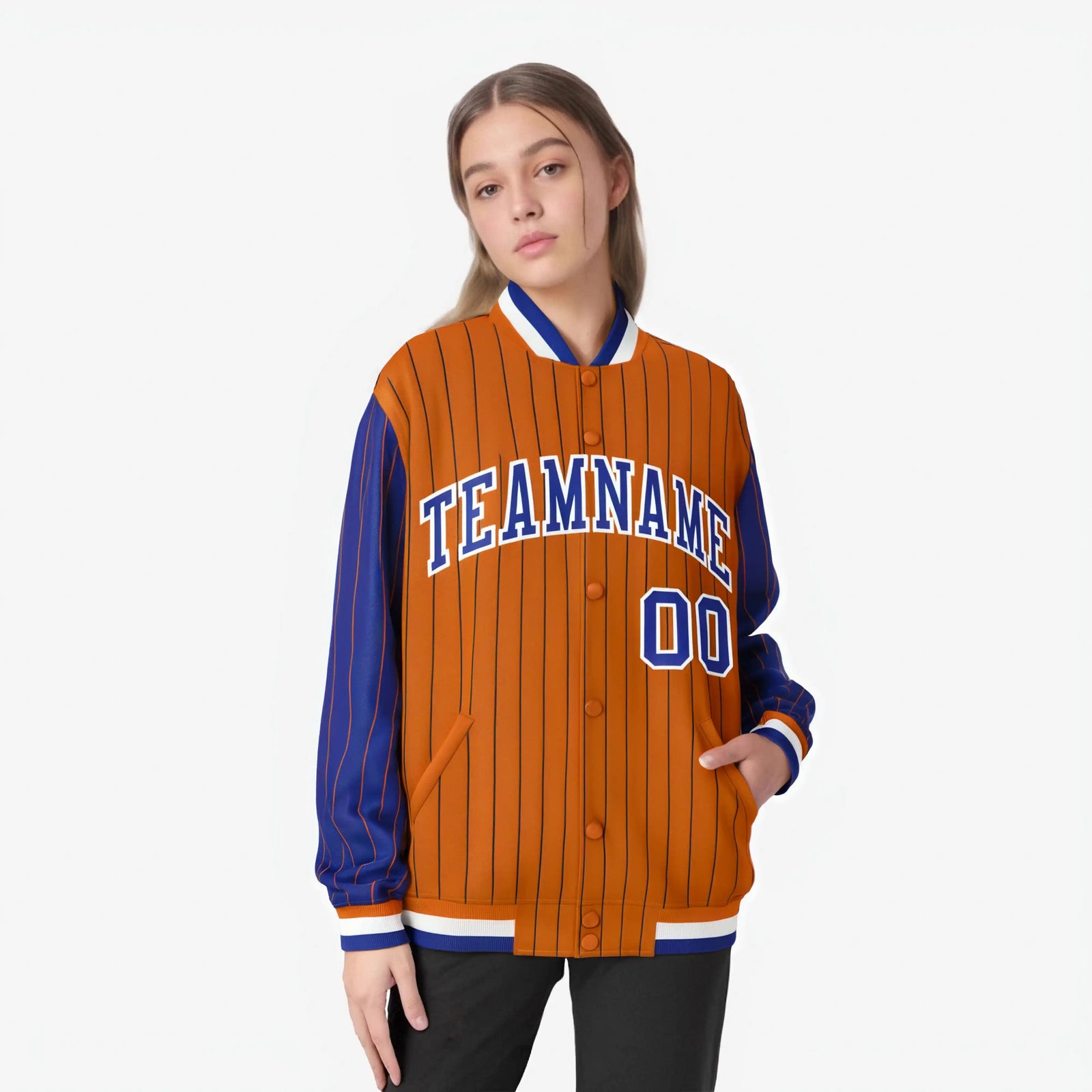 Custom Orange Royal Blue-Orange Personalized Stripe Fashion Letterman Bomber Varsity Jacket
