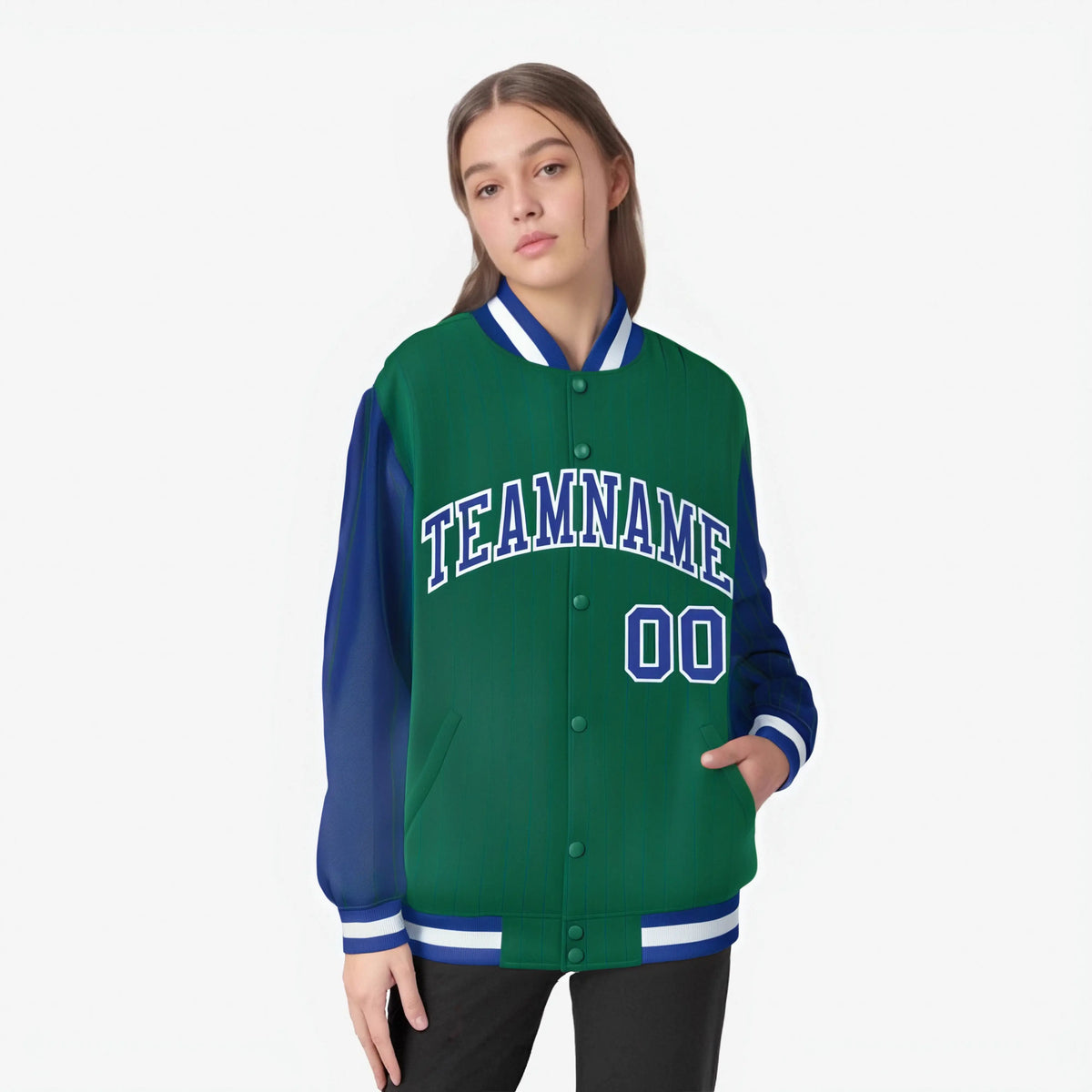 Custom Kelly Green Royal Blue-Kelly Green Personalized Stripe Fashion Letterman Bomber Varsity Jacket