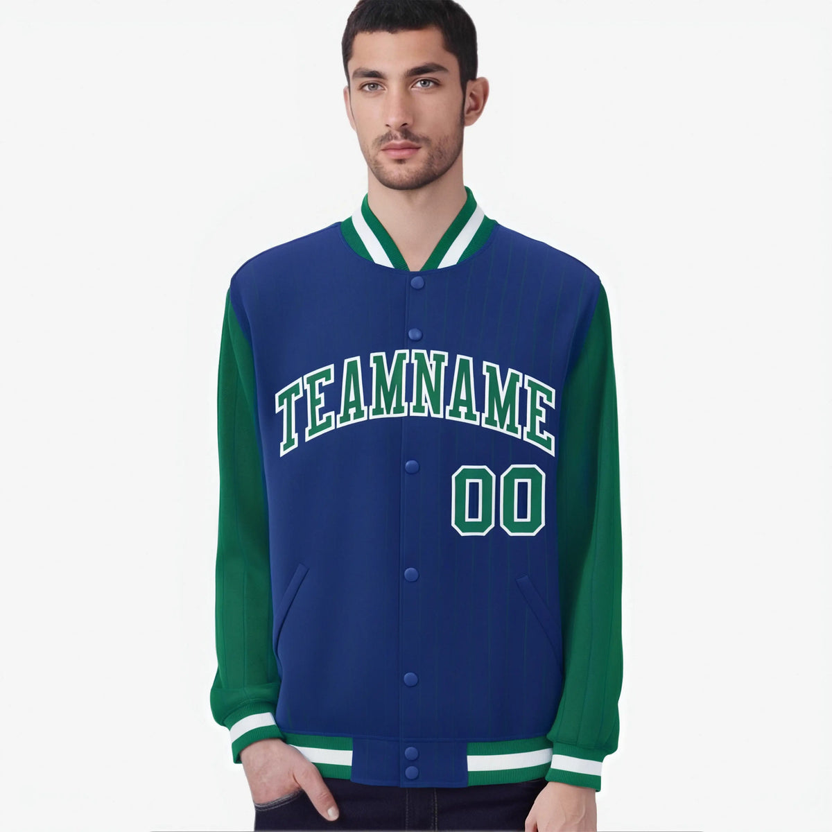 Custom Royal Blue Kelly Green-Royal Blue Personalized Stripe Fashion Letterman Bomber Varsity Jacket