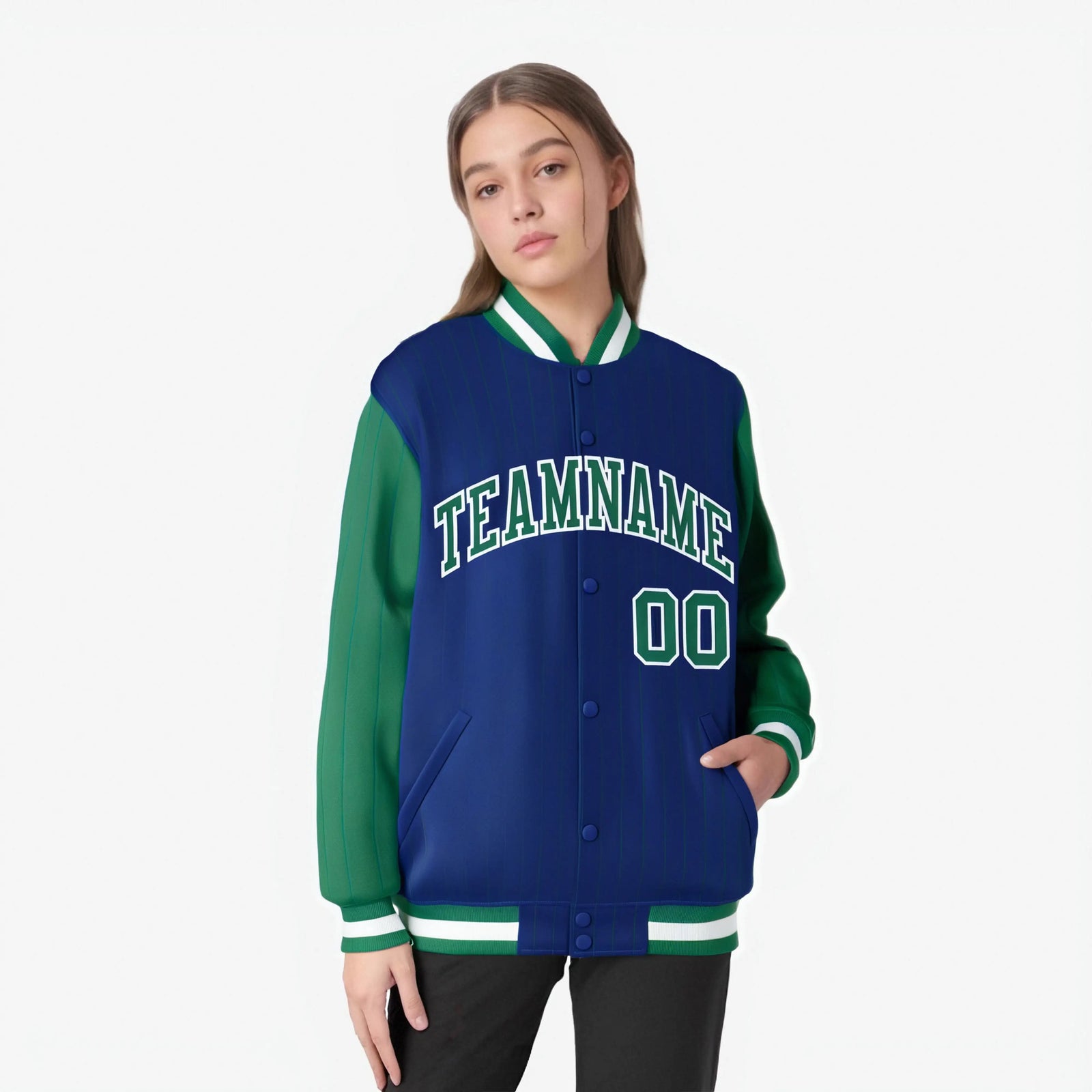 Custom Royal Blue Kelly Green-Royal Blue Personalized Stripe Fashion Letterman Bomber Varsity Jacket