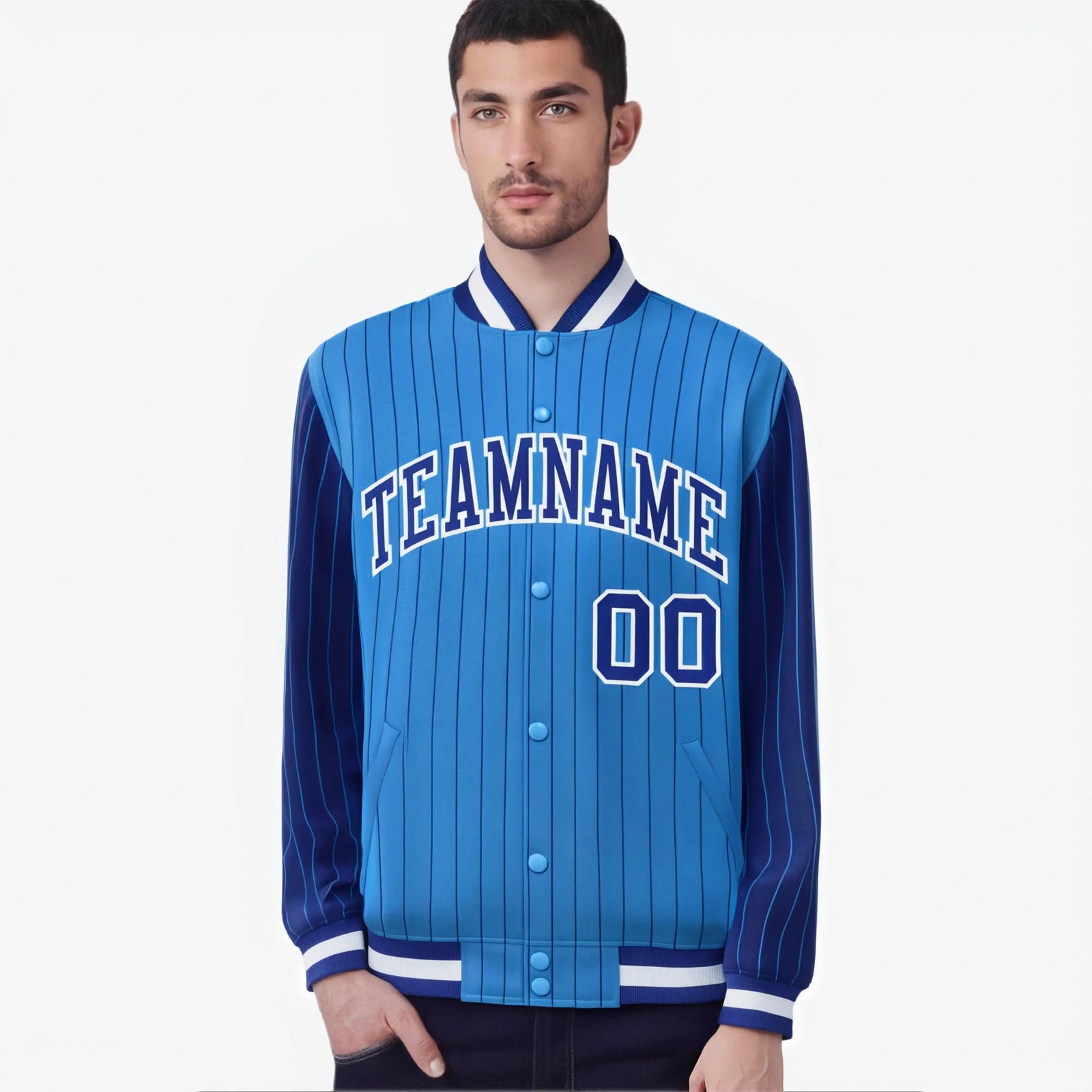 Custom Powder Blue Royal Blue-Powder Blue Personalized Stripe Fashion Letterman Bomber Varsity Jacket