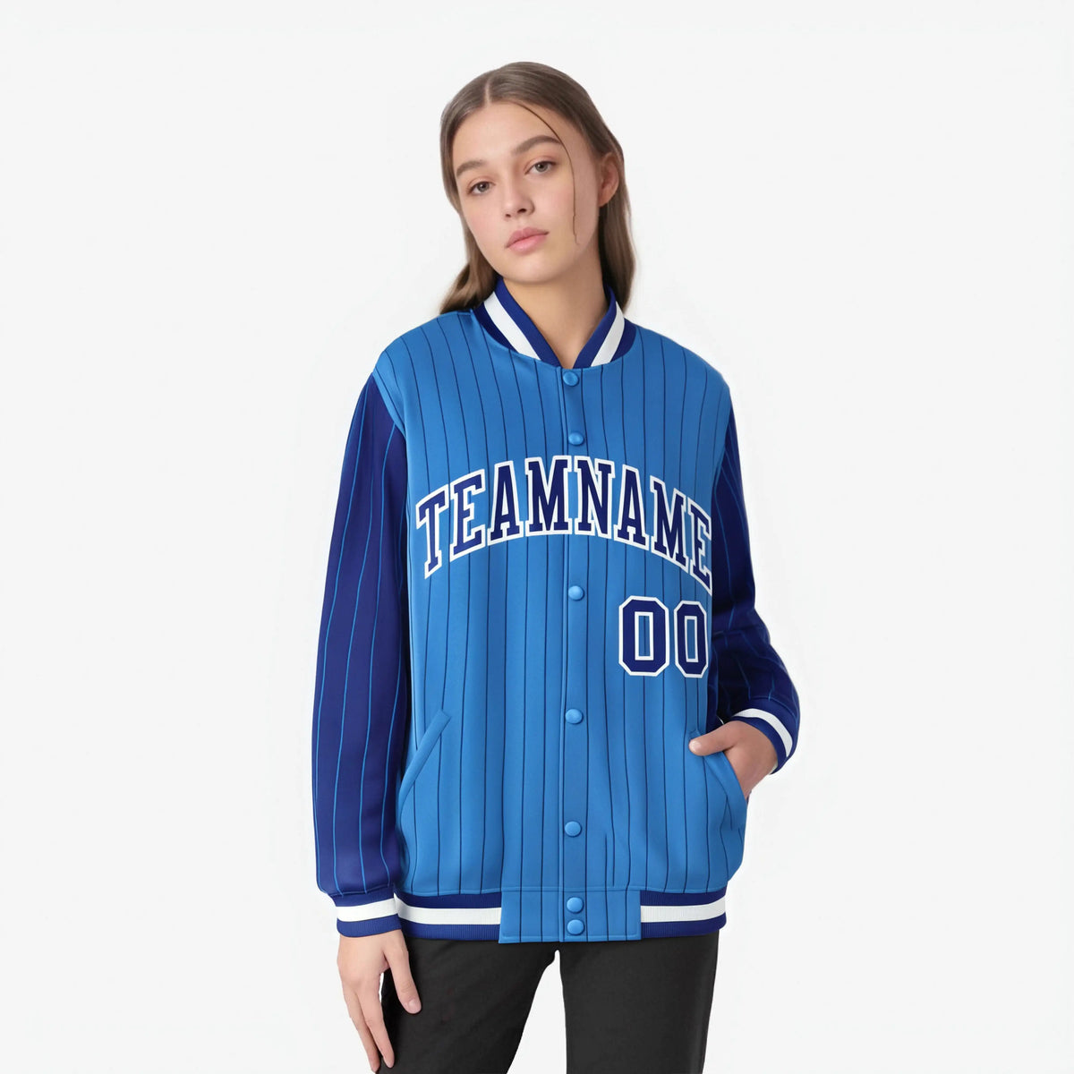 Custom Powder Blue Royal Blue-Powder Blue Personalized Stripe Fashion Letterman Bomber Varsity Jacket