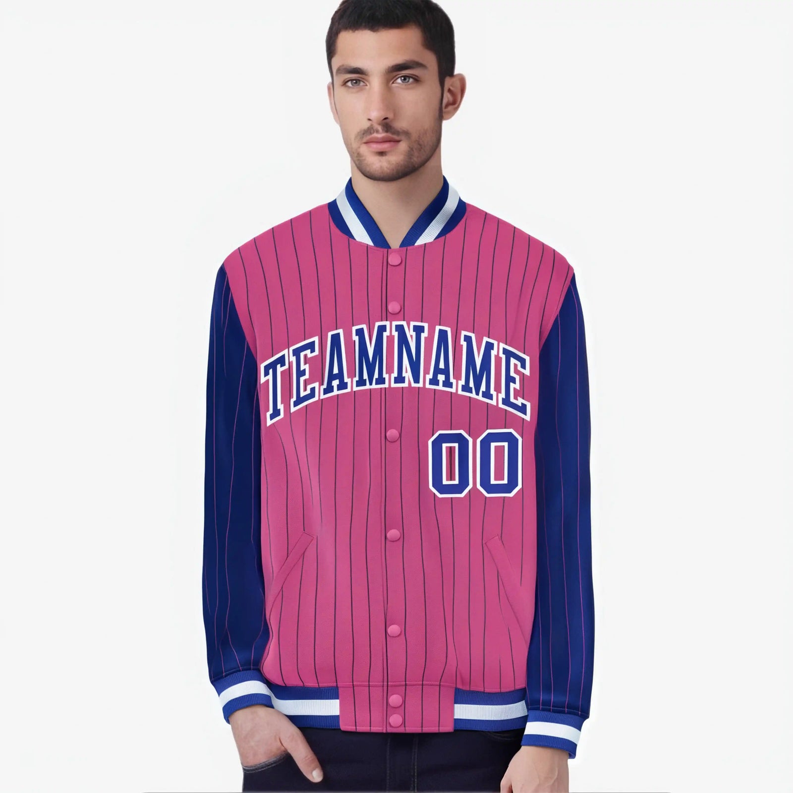 Custom Pink Royal Blue-Pink Personalized Stripe Fashion Letterman Bomber Varsity Jacket