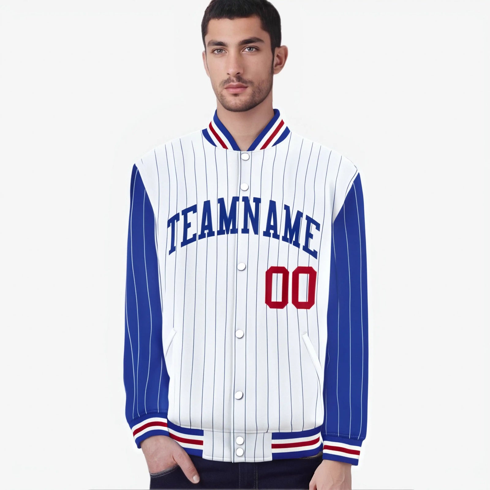 Custom White Royal Blue-White Personalized Stripe Fashion Letterman Bomber Varsity Jacket