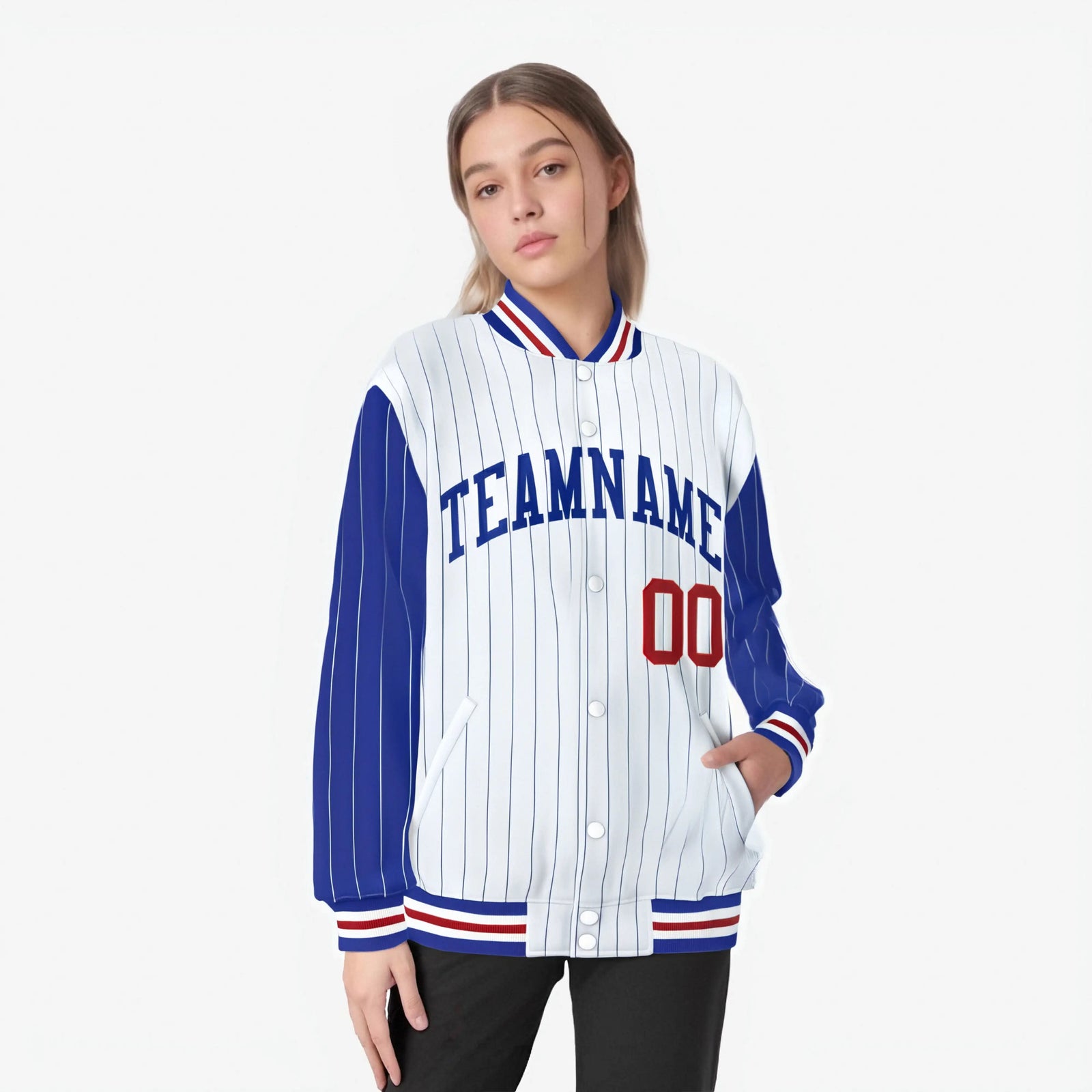 Custom White Royal Blue-White Personalized Stripe Fashion Letterman Bomber Varsity Jacket