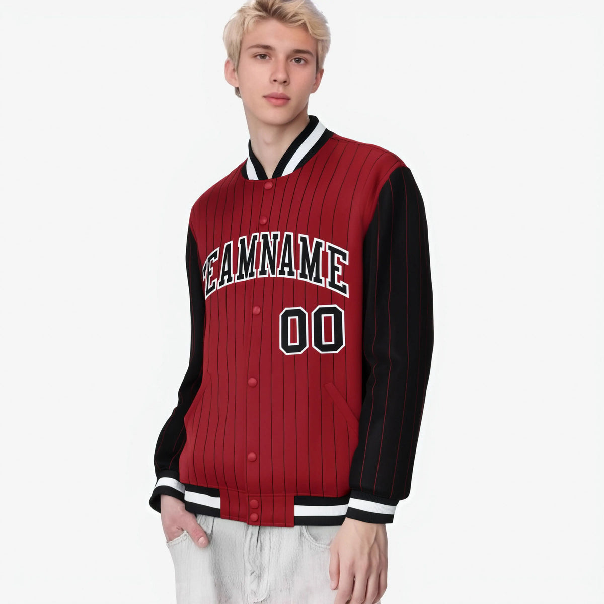 Custom Red Black-Red Personalized Stripe Fashion Letterman Bomber Varsity Jacket