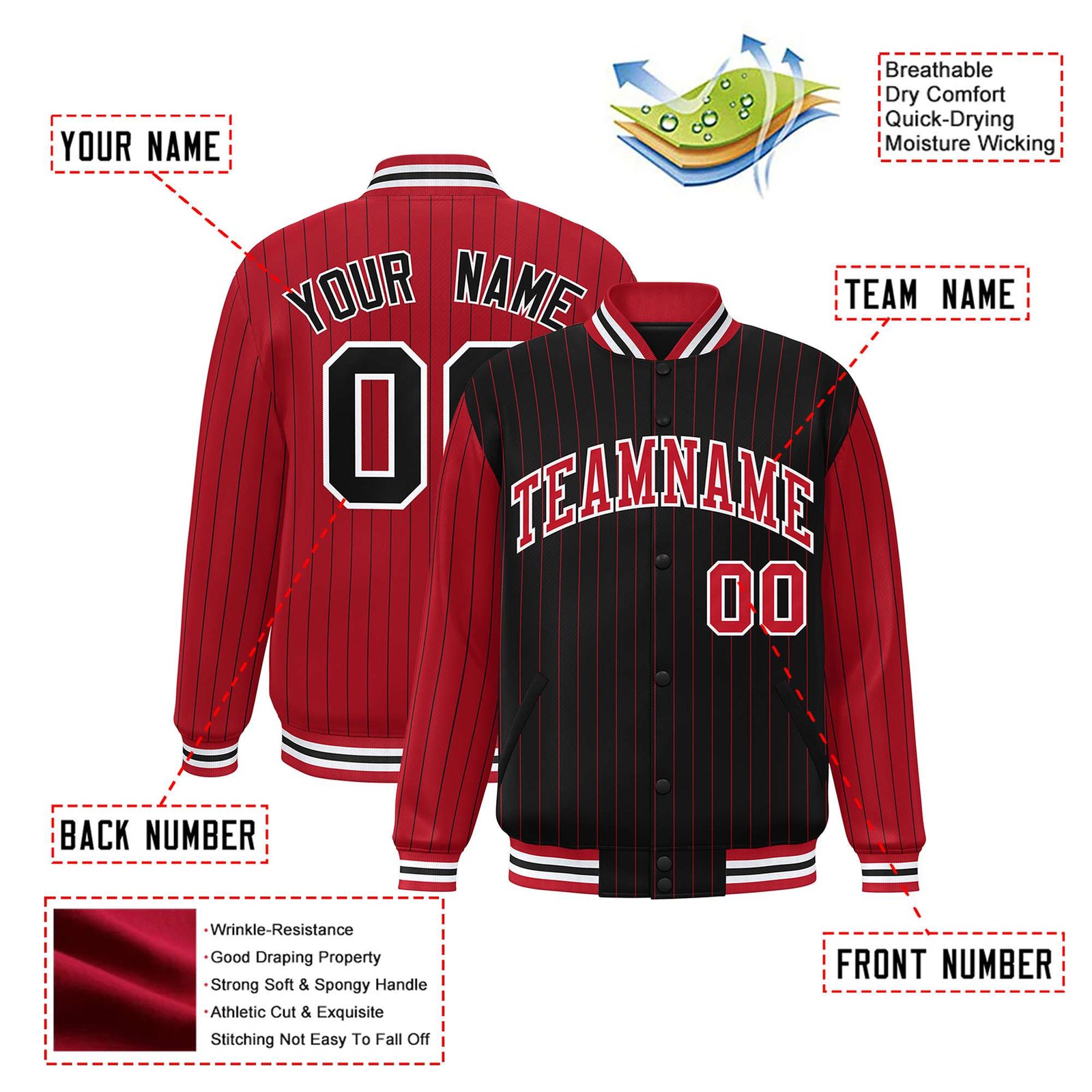 Custom Black Red-Black Personalized Stripe Fashion Letterman Bomber Varsity Jacket