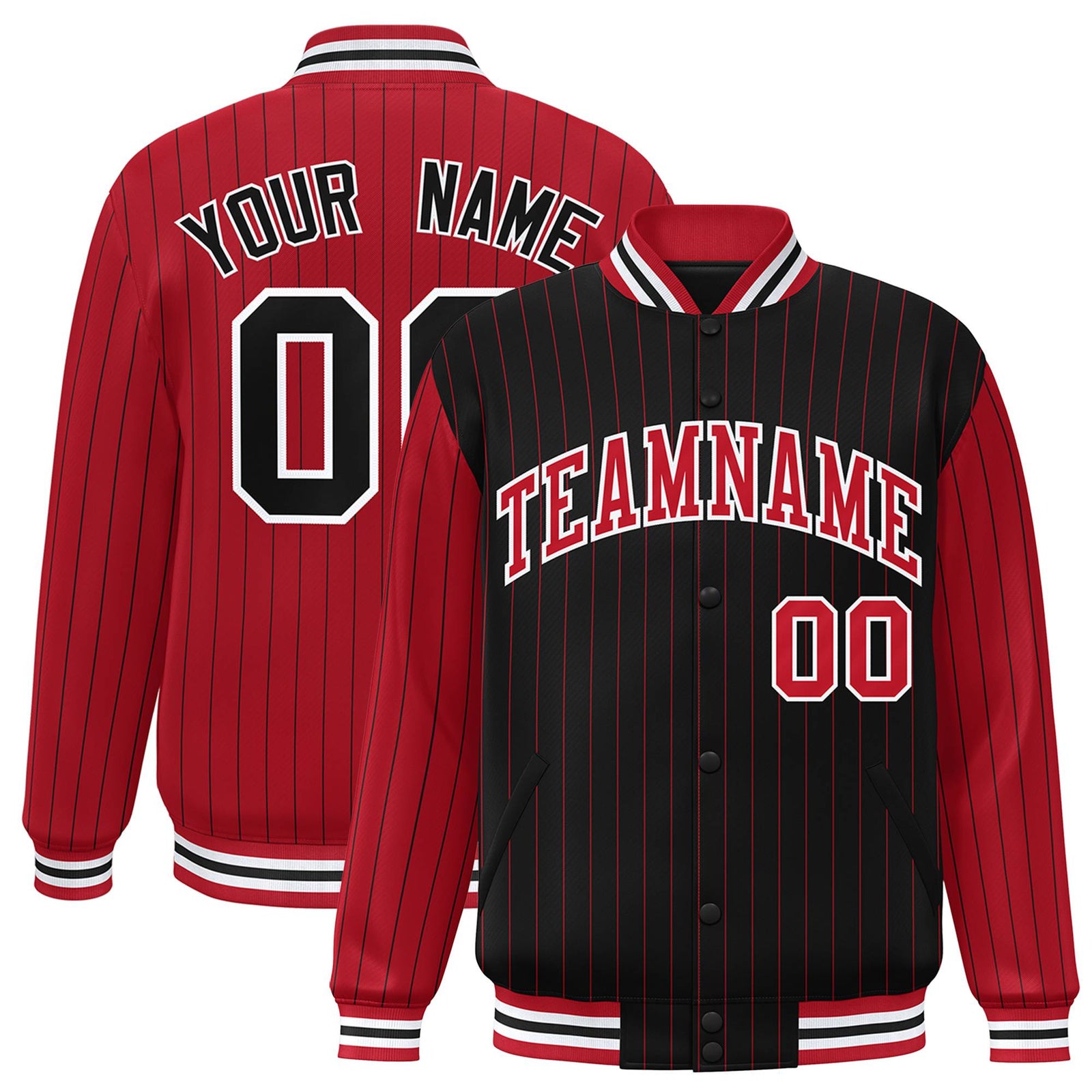 Custom Black Red-Black Personalized Stripe Fashion Letterman Bomber Varsity Jacket