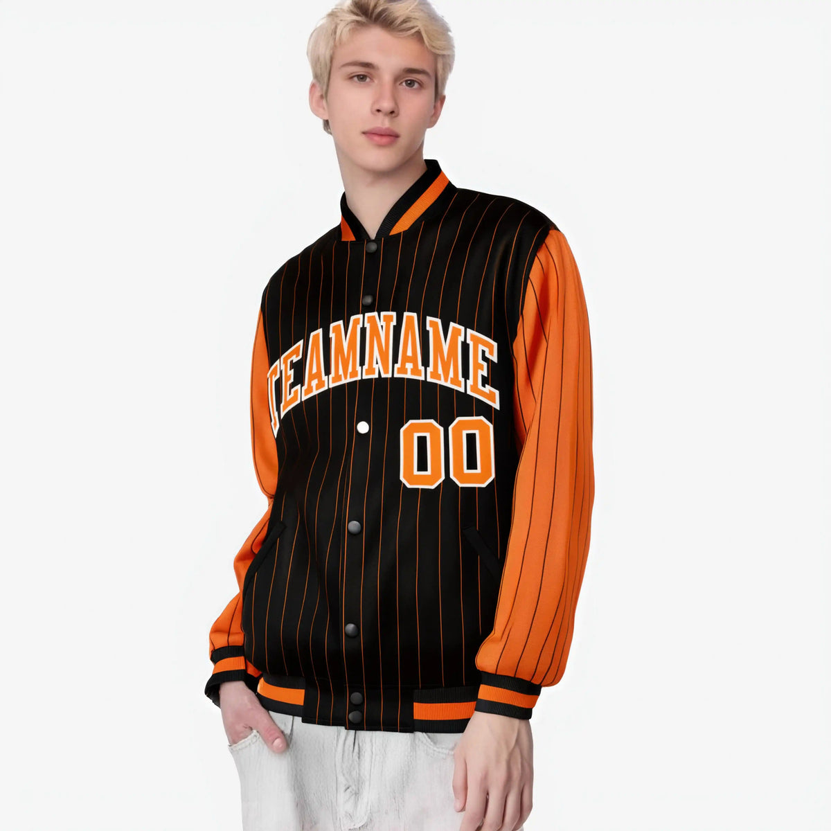 Custom Black Orange-Black Personalized Stripe Fashion Letterman Bomber Varsity Jacket