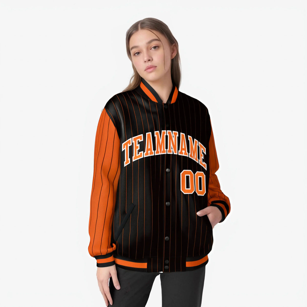Custom Black Orange-Black Personalized Stripe Fashion Letterman Bomber Varsity Jacket