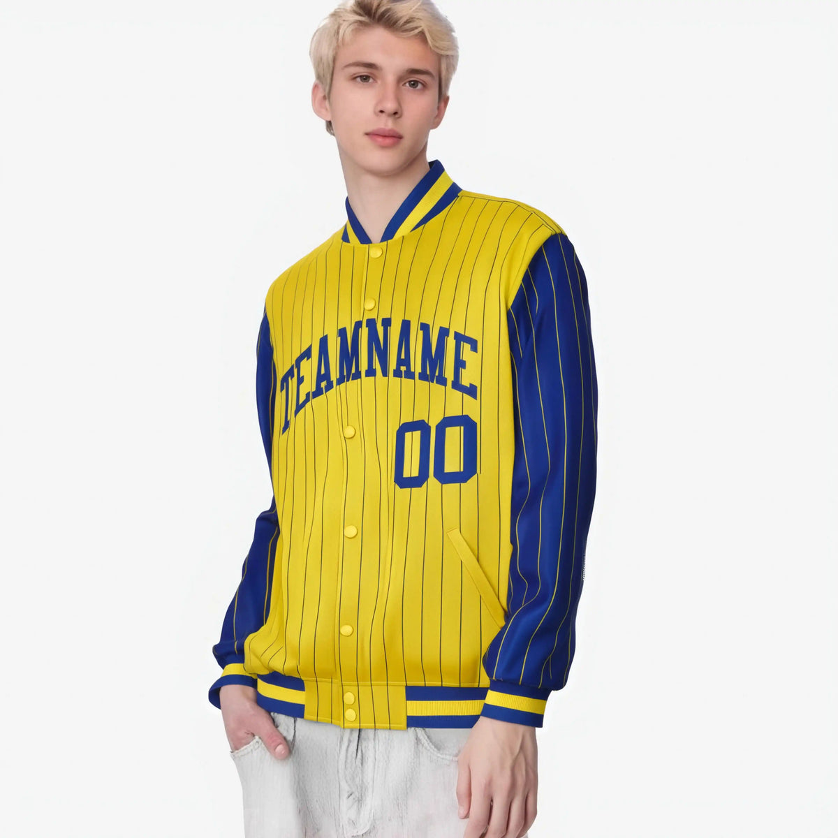 Custom Gold Royal Blue-Gold Personalized Stripe Fashion Letterman Bomber Varsity Jacket