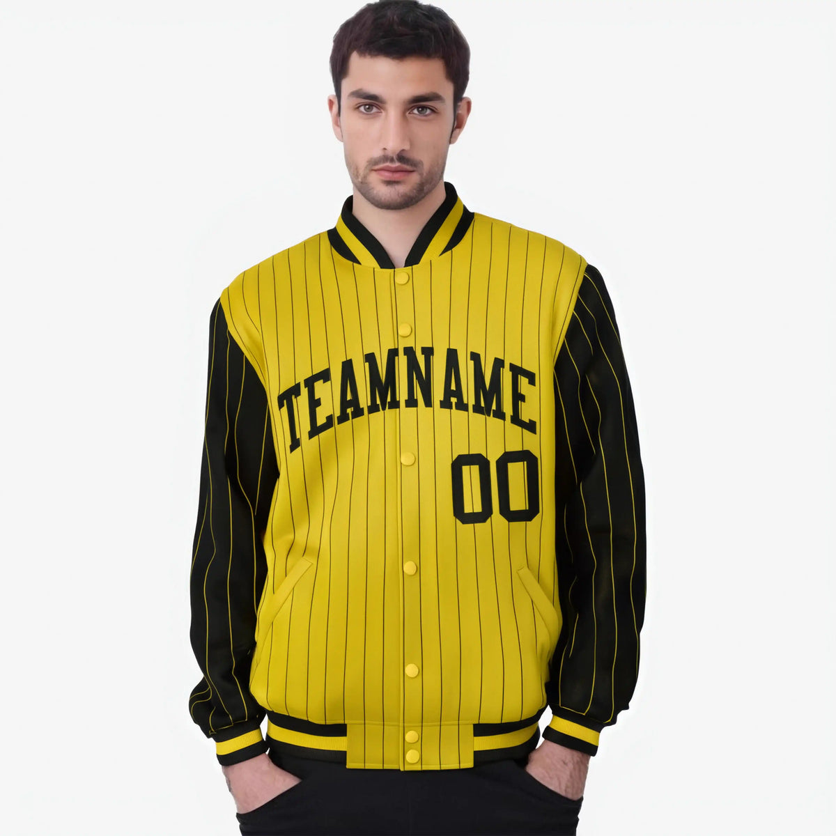 Custom Gold Black-Gold Personalized Stripe Fashion Letterman Bomber Varsity Jacket