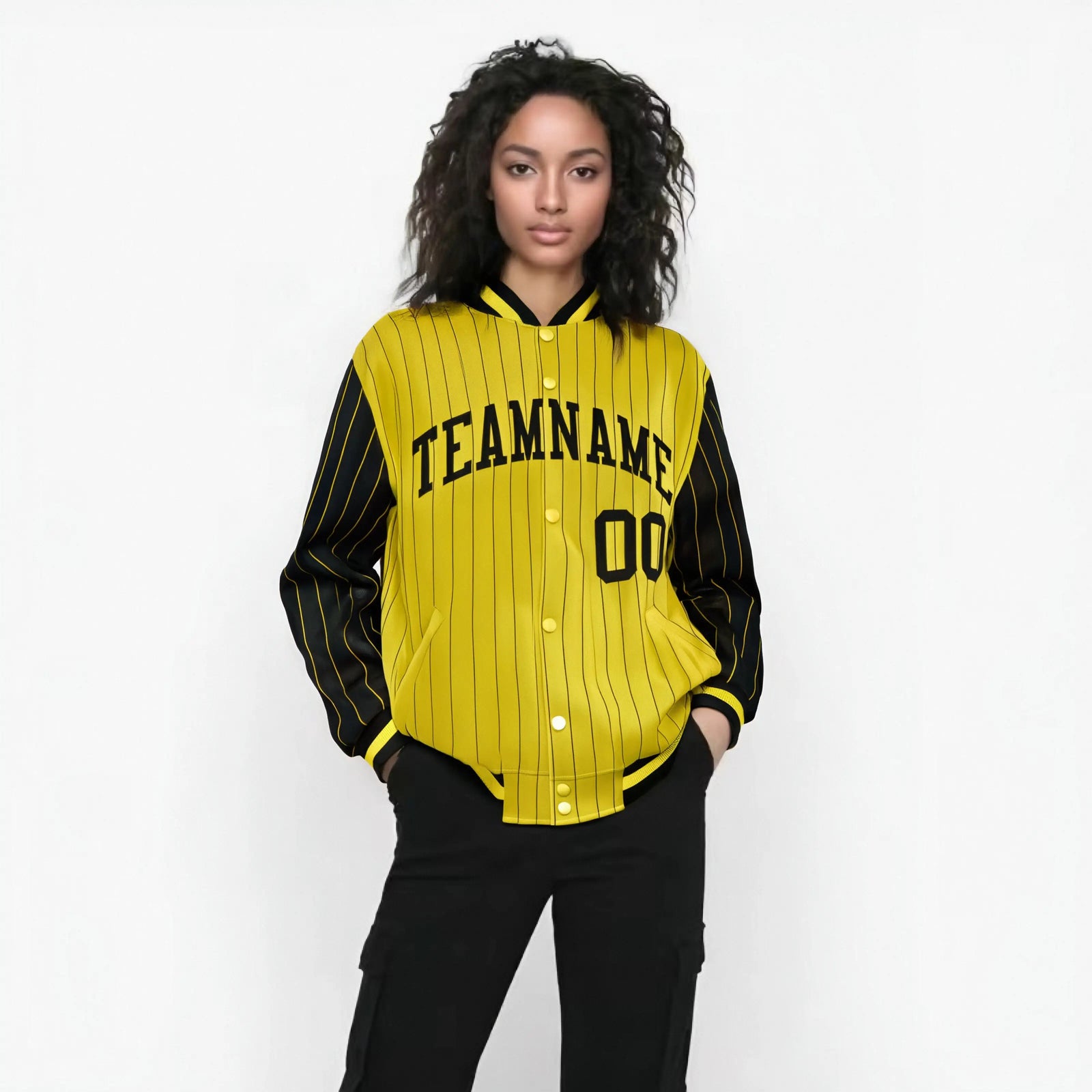 Custom Gold Black-Gold Personalized Stripe Fashion Letterman Bomber Varsity Jacket