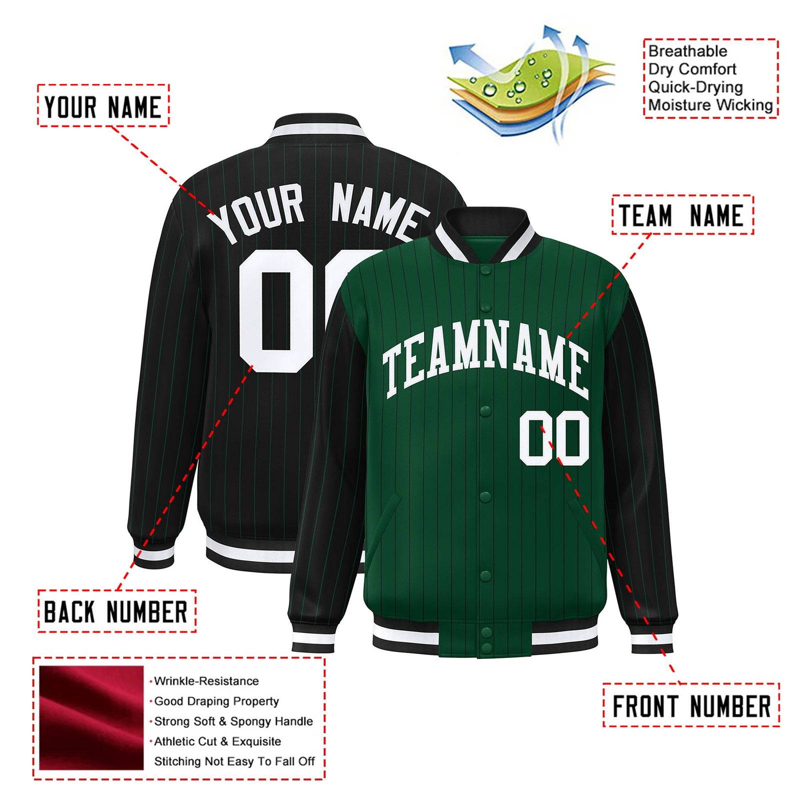 Custom Green Black-Green Personalized Stripe Fashion Letterman Bomber Varsity Jacket