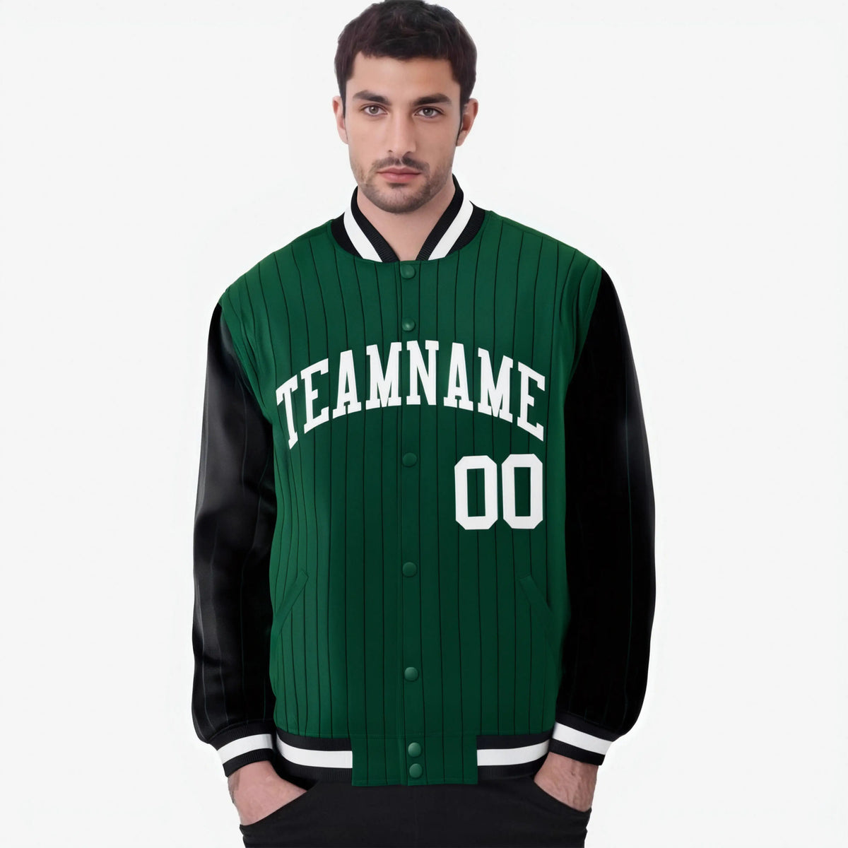 Custom Green Black-Green Personalized Stripe Fashion Letterman Bomber Varsity Jacket