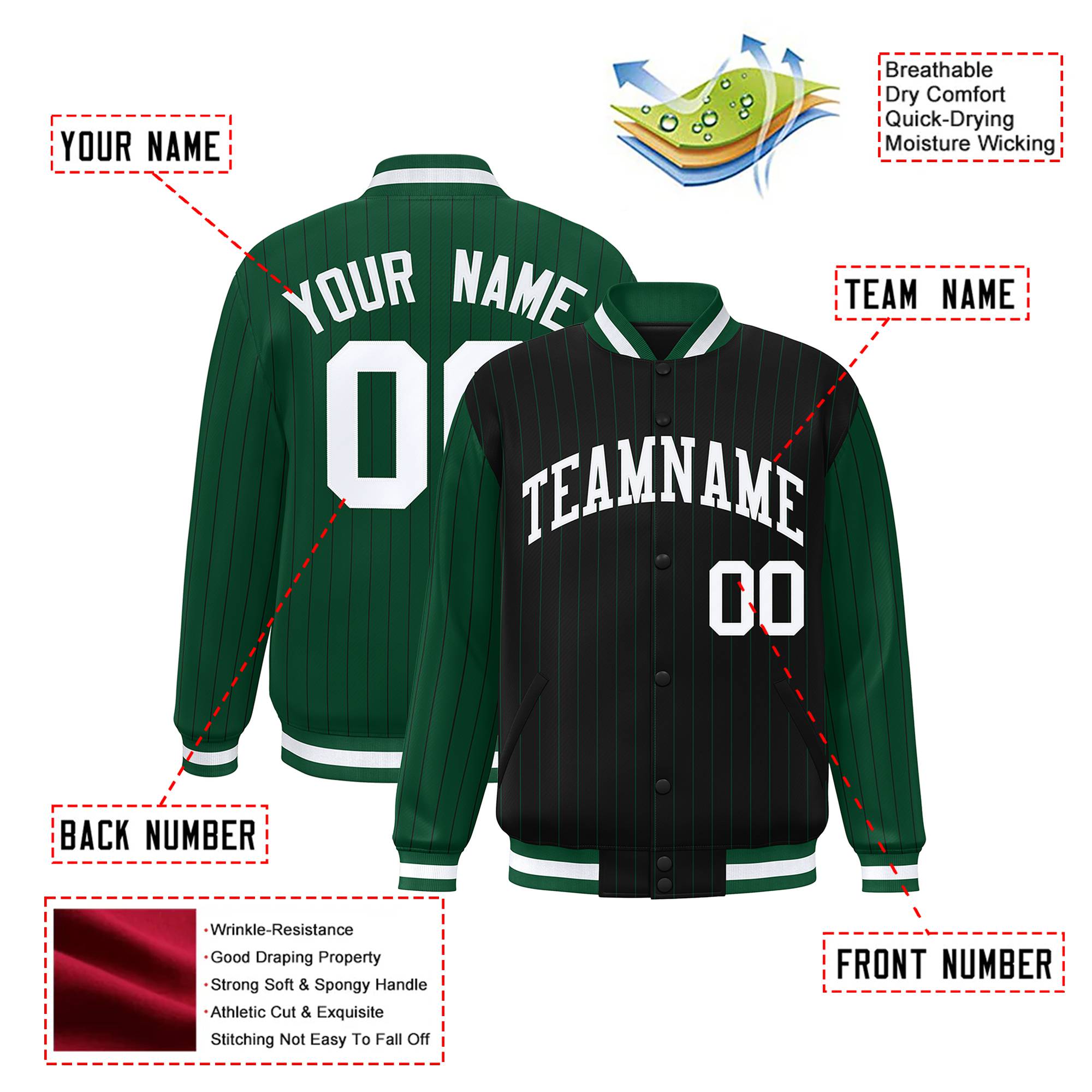 Custom Black Green-Black Personalized Stripe Fashion Letterman Bomber Varsity Jacket