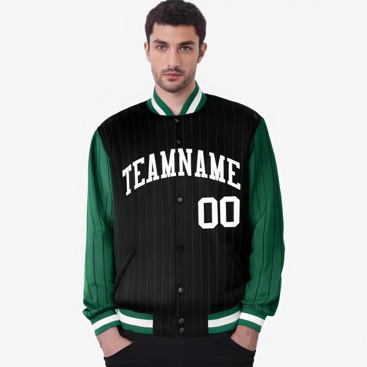 Custom Black Green-Black Personalized Stripe Fashion Letterman Bomber Varsity Jacket
