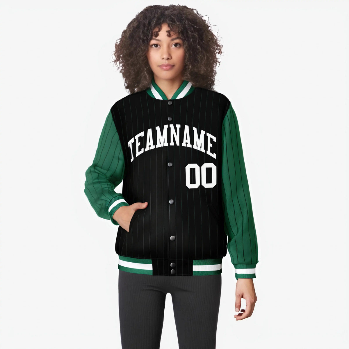 Custom Black Green-Black Personalized Stripe Fashion Letterman Bomber Varsity Jacket