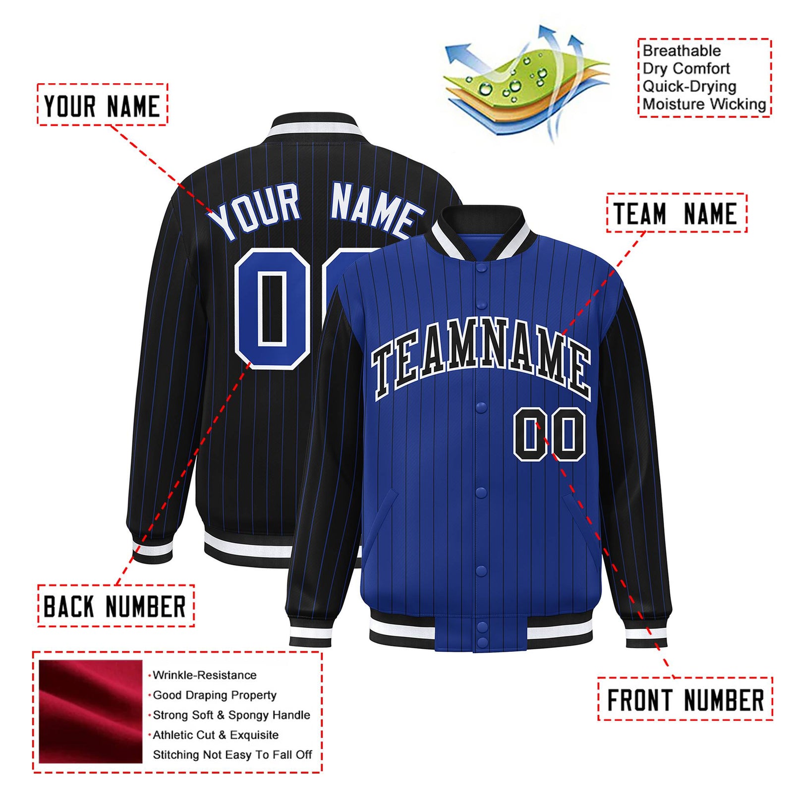 Custom Royal Blue Black-Royal Blue Personalized Stripe Fashion Letterman Bomber Varsity Jacket