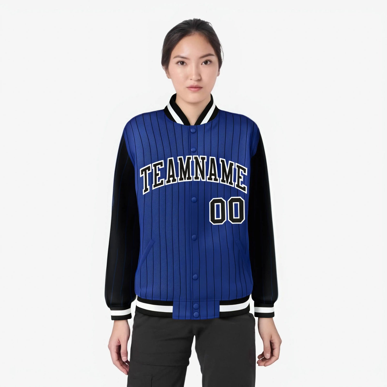 Custom Royal Blue Black-Royal Blue Personalized Stripe Fashion Letterman Bomber Varsity Jacket