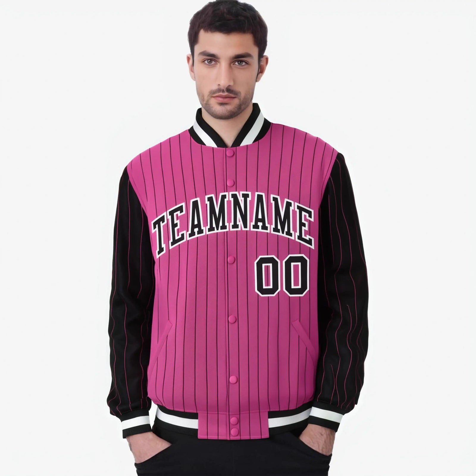 Custom Pink Black-Pink Personalized Stripe Fashion Letterman Bomber Varsity Jacket