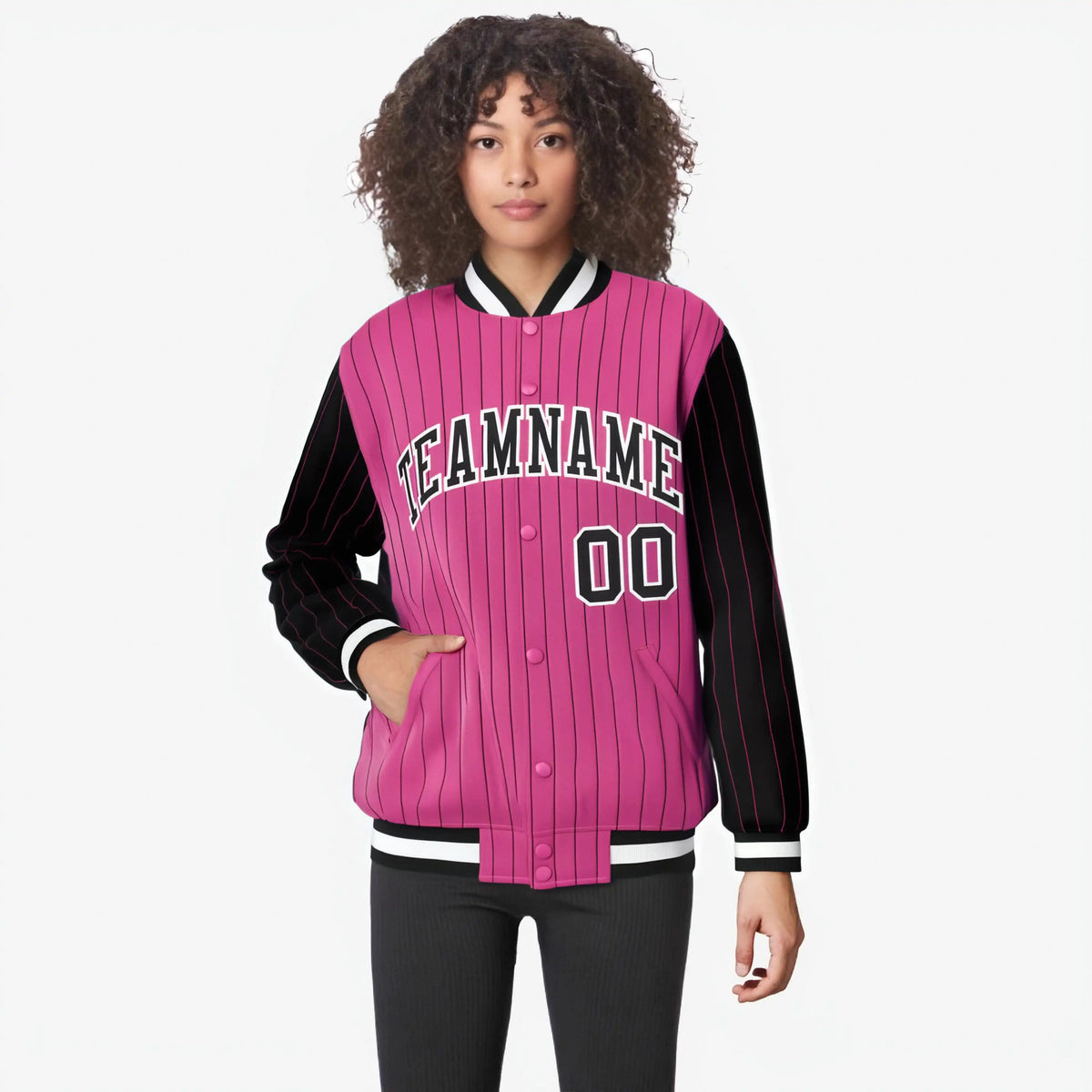 Custom Pink Black-Pink Personalized Stripe Fashion Letterman Bomber Varsity Jacket