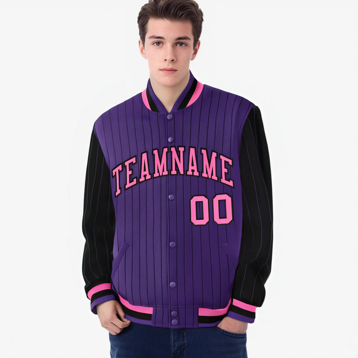 Custom Purple Black-Purple Personalized Stripe Fashion Letterman Bomber Varsity Jacket