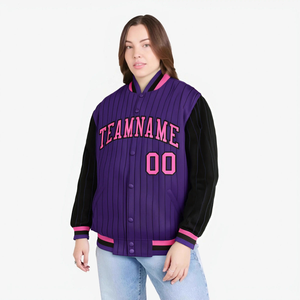 Custom Purple Black-Purple Personalized Stripe Fashion Letterman Bomber Varsity Jacket