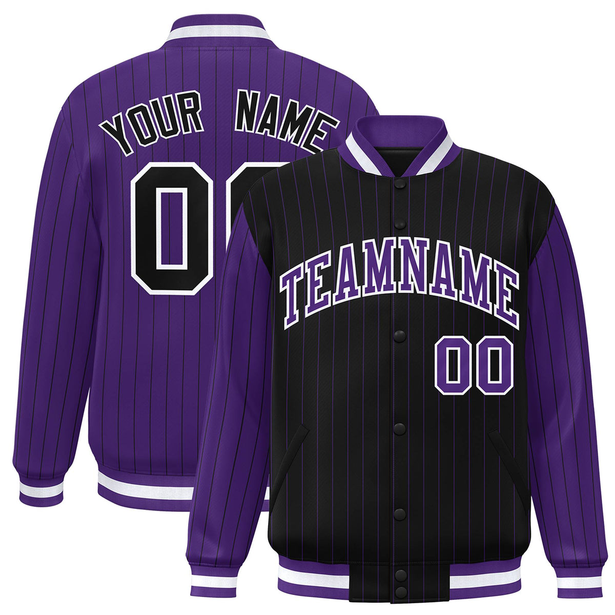 Custom Black Purple-Black Personalized Stripe Fashion Letterman Bomber Varsity Jacket