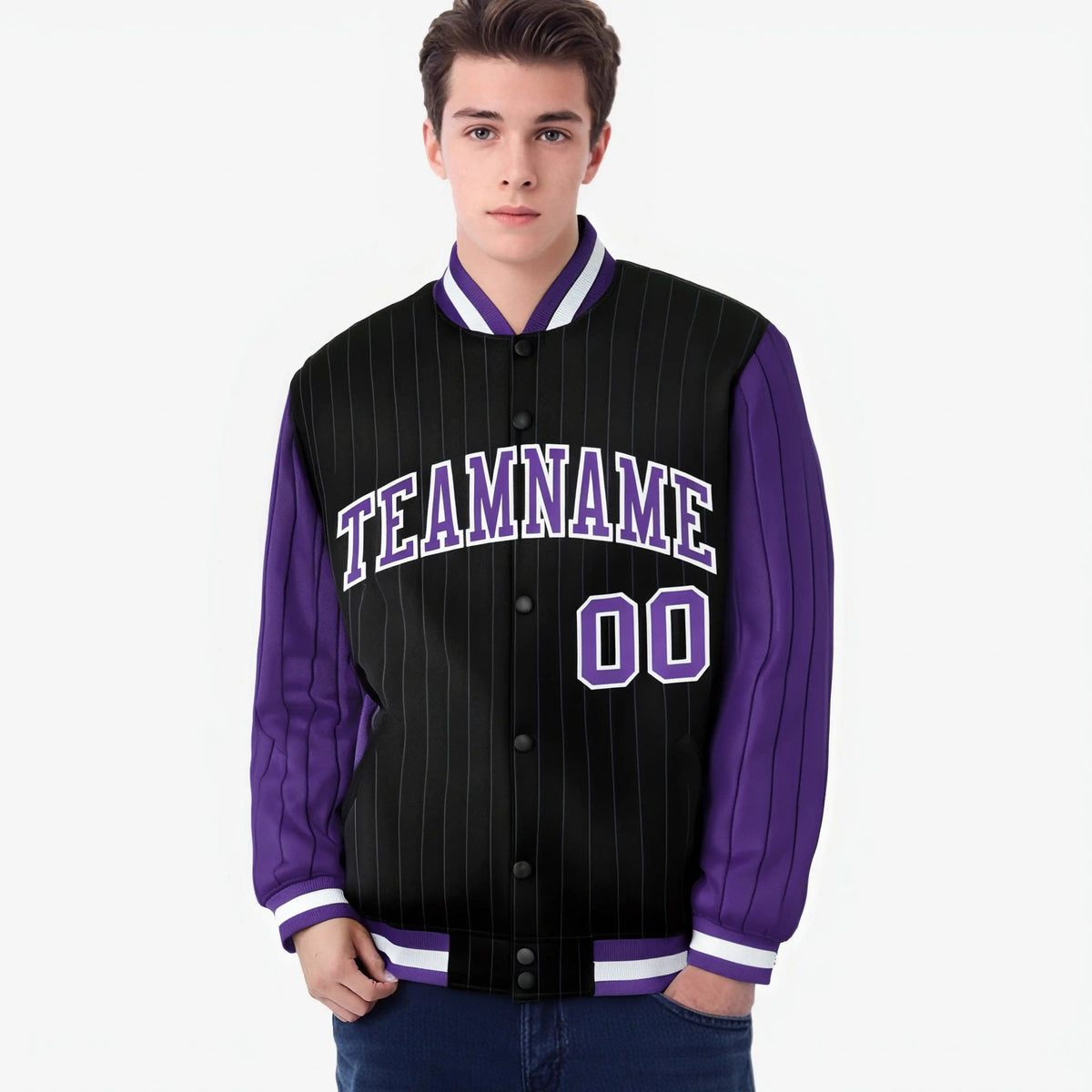 Custom Black Purple-Black Personalized Stripe Fashion Letterman Bomber Varsity Jacket