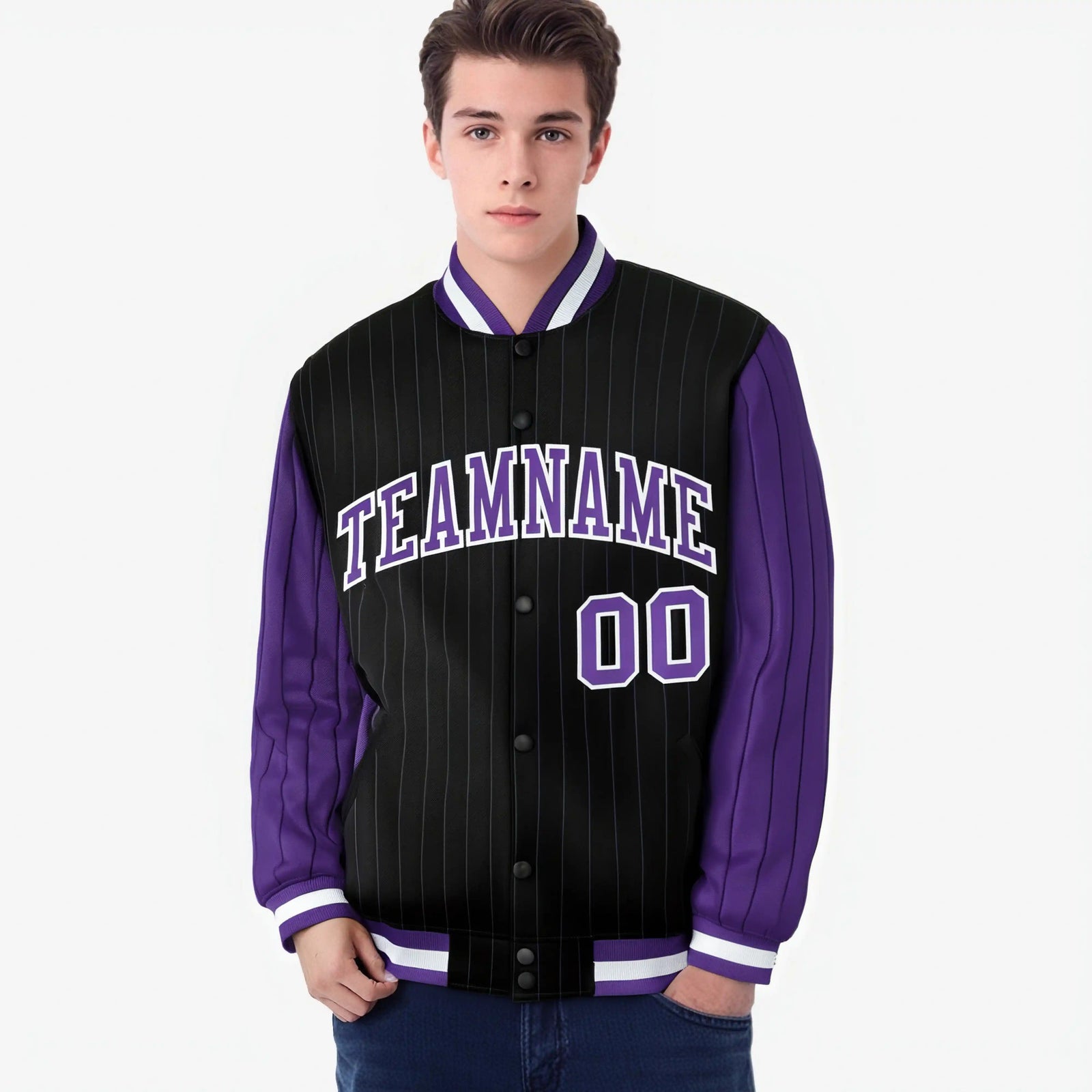Custom Black Purple-Black Personalized Stripe Fashion Letterman Bomber Varsity Jacket