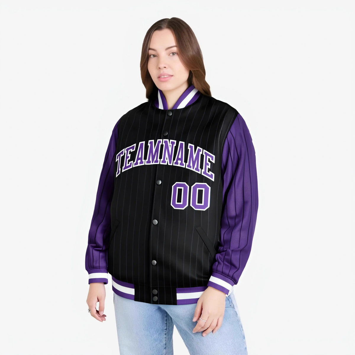 Custom Black Purple-Black Personalized Stripe Fashion Letterman Bomber Varsity Jacket