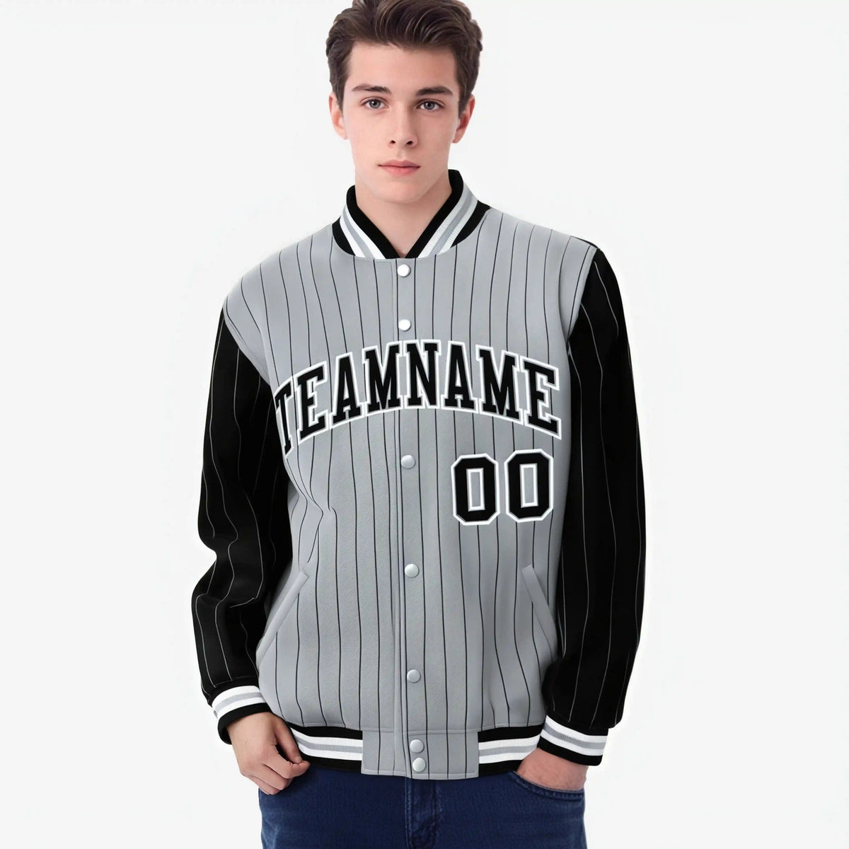 Custom Gray Black-Gray Personalized Stripe Fashion Letterman Bomber Varsity Jacket
