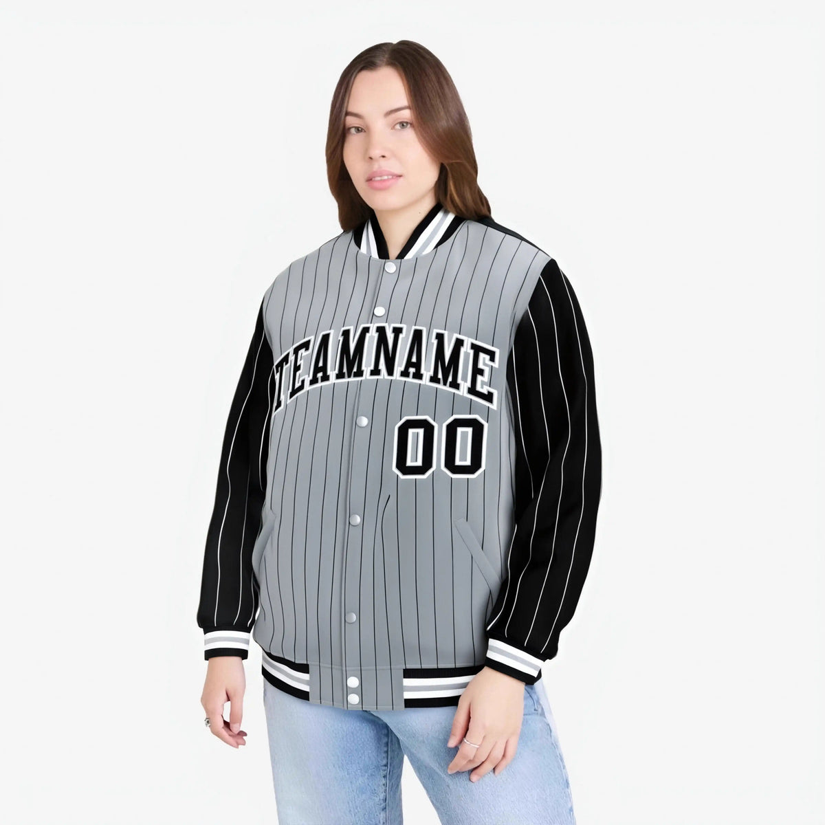 Custom Gray Black-Gray Personalized Stripe Fashion Letterman Bomber Varsity Jacket