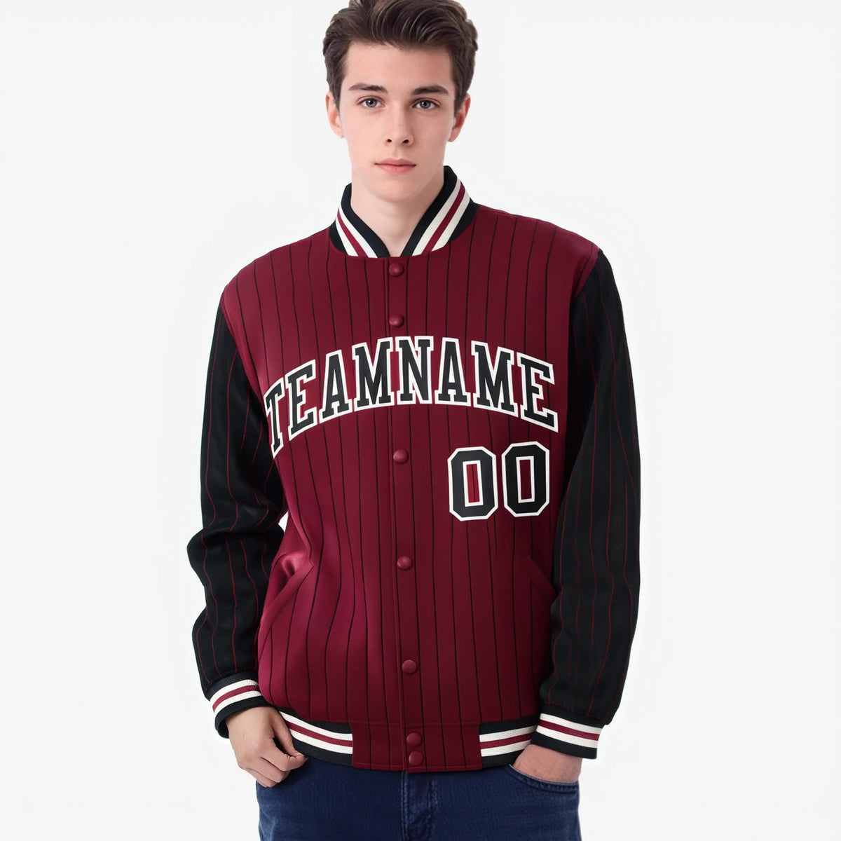 Custom Crimson Black-Crimson Personalized Stripe Fashion Letterman Bomber Varsity Jacket