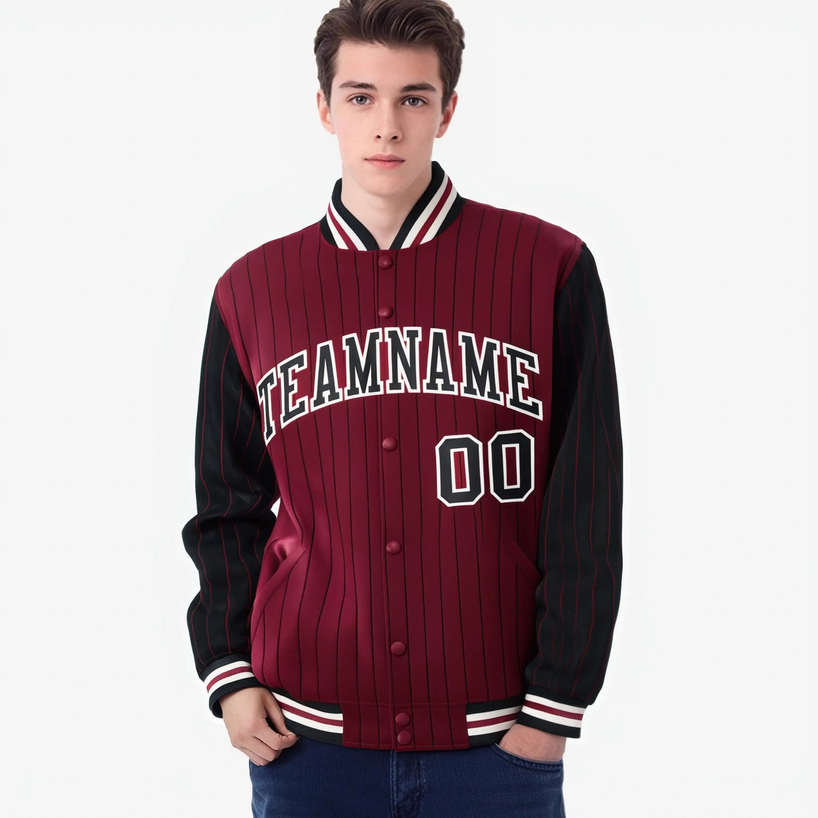 Custom Crimson Black-Crimson Personalized Stripe Fashion Letterman Bomber Varsity Jacket