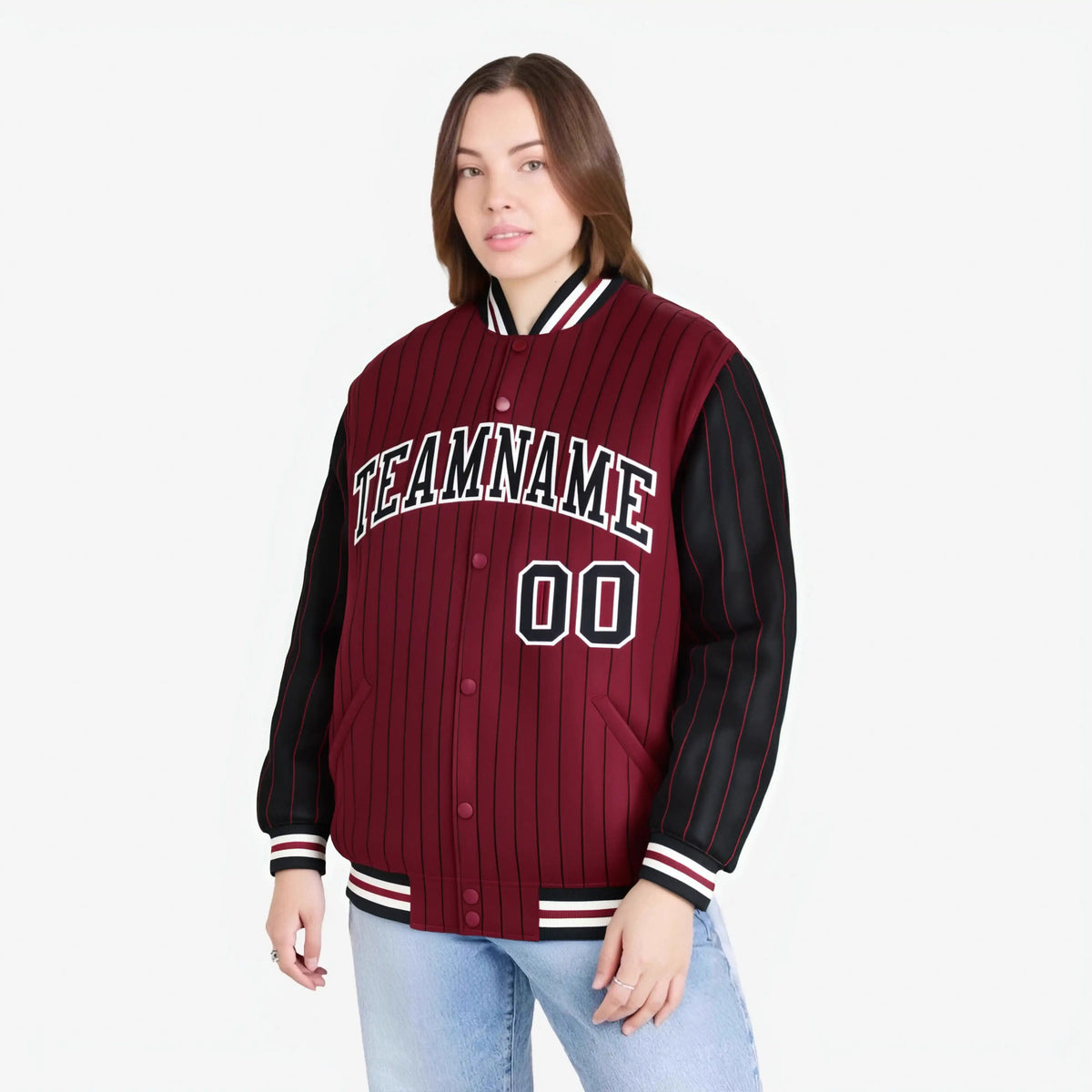 Custom Crimson Black-Crimson Personalized Stripe Fashion Letterman Bomber Varsity Jacket