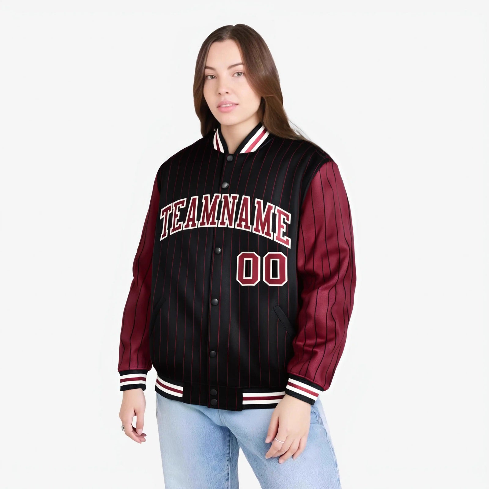 Custom Black Crimson-Black Personalized Stripe Fashion Letterman Bomber Varsity Jacket
